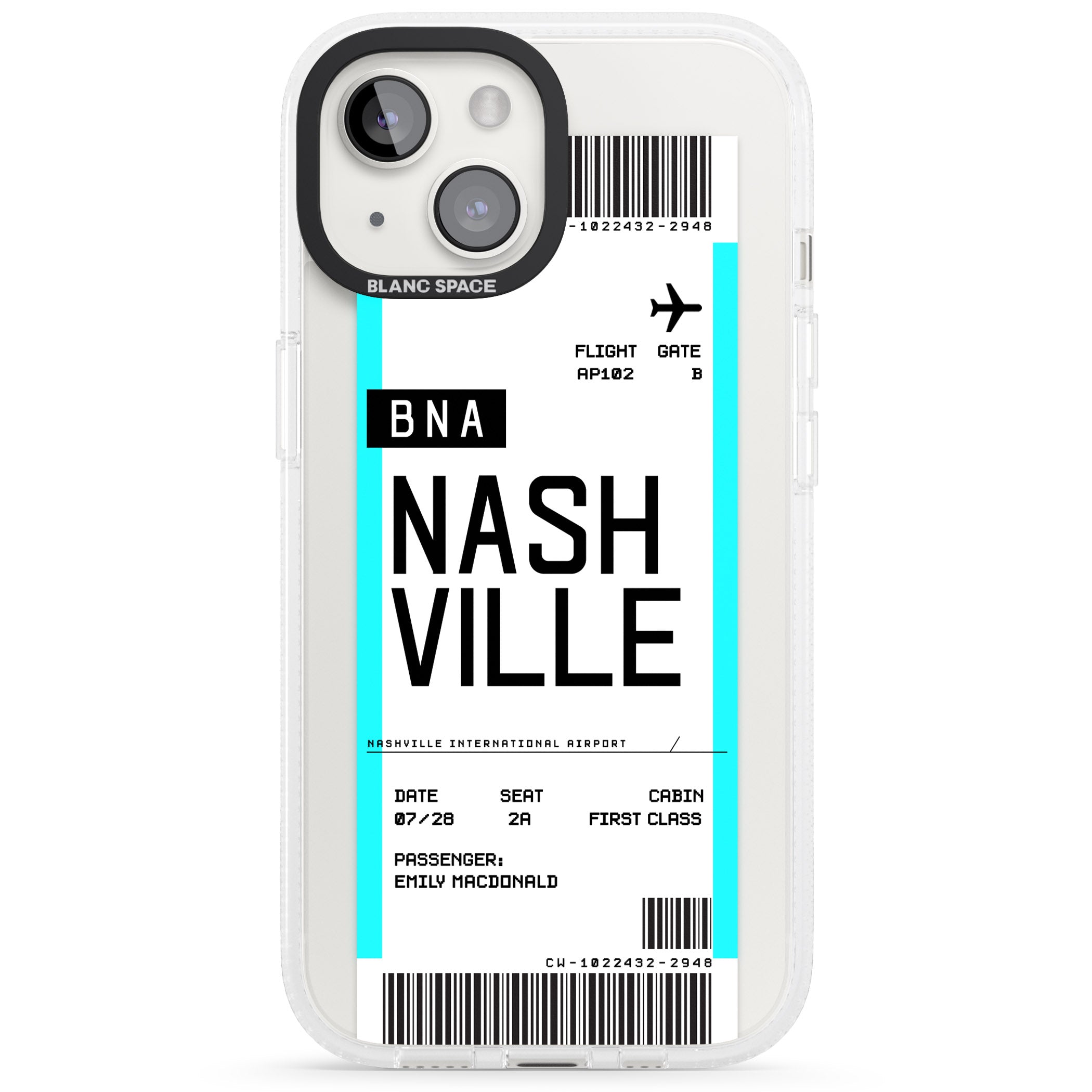 Personalised Nashville Boarding Pass iPhone 15 / 14 / 13 Clear Case Impact Air - Blanc Space