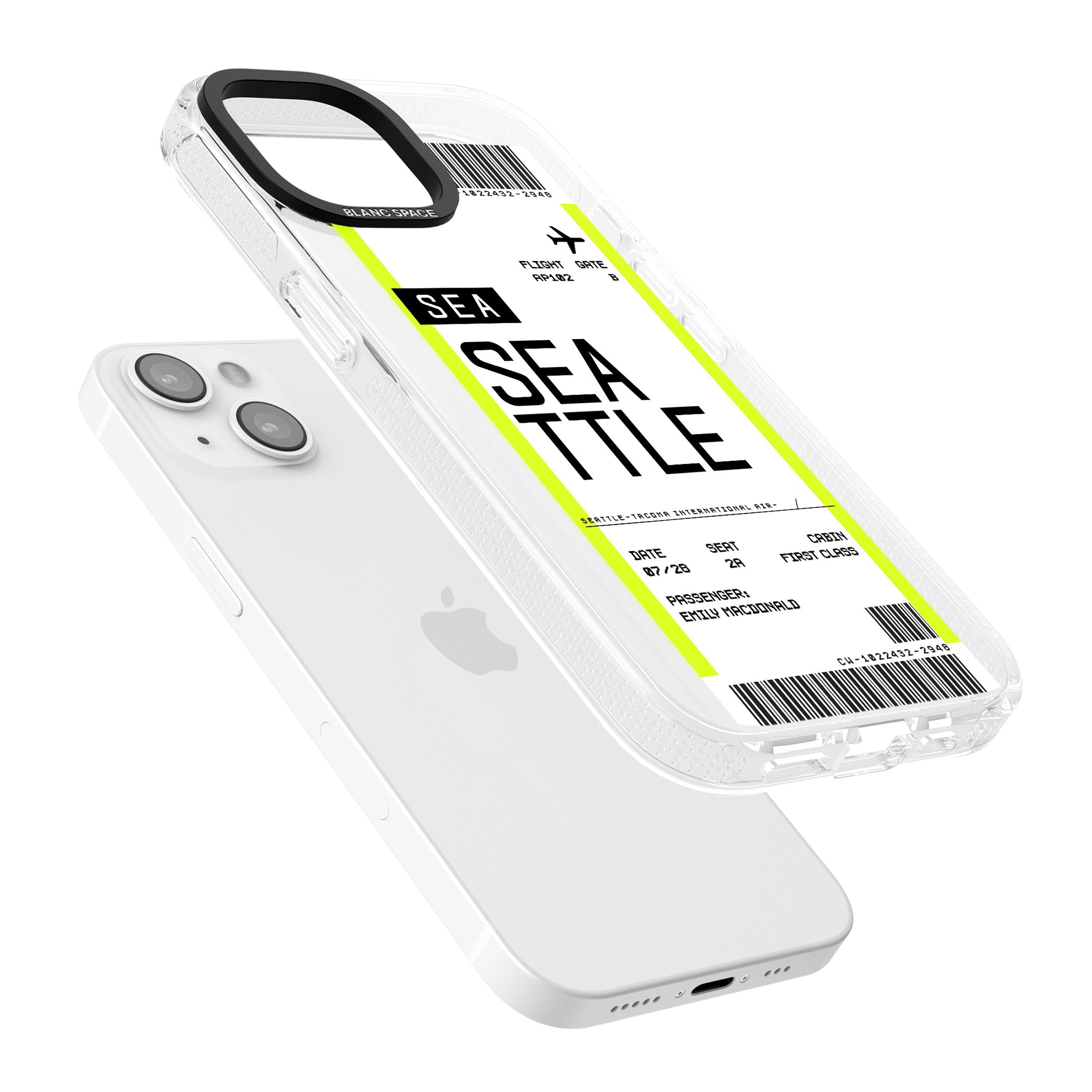 Personalised Seattle Boarding Pass iPhone 15 / 14 / 13 Clear Case Impact Air - Blanc Space