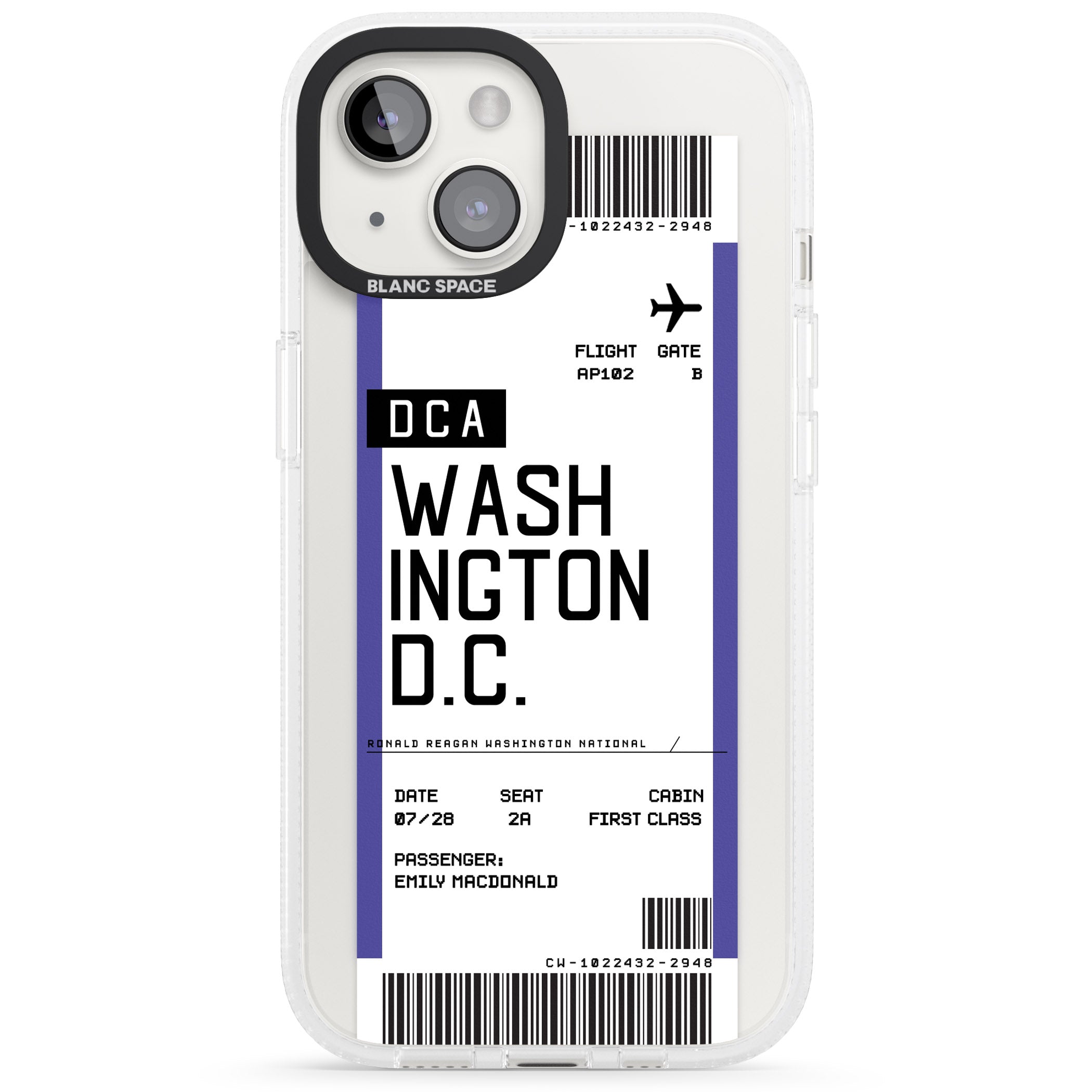 Personalised Washington D.C. Boarding Pass iPhone 15 / 14 / 13 Clear Case Impact Air - Blanc Space