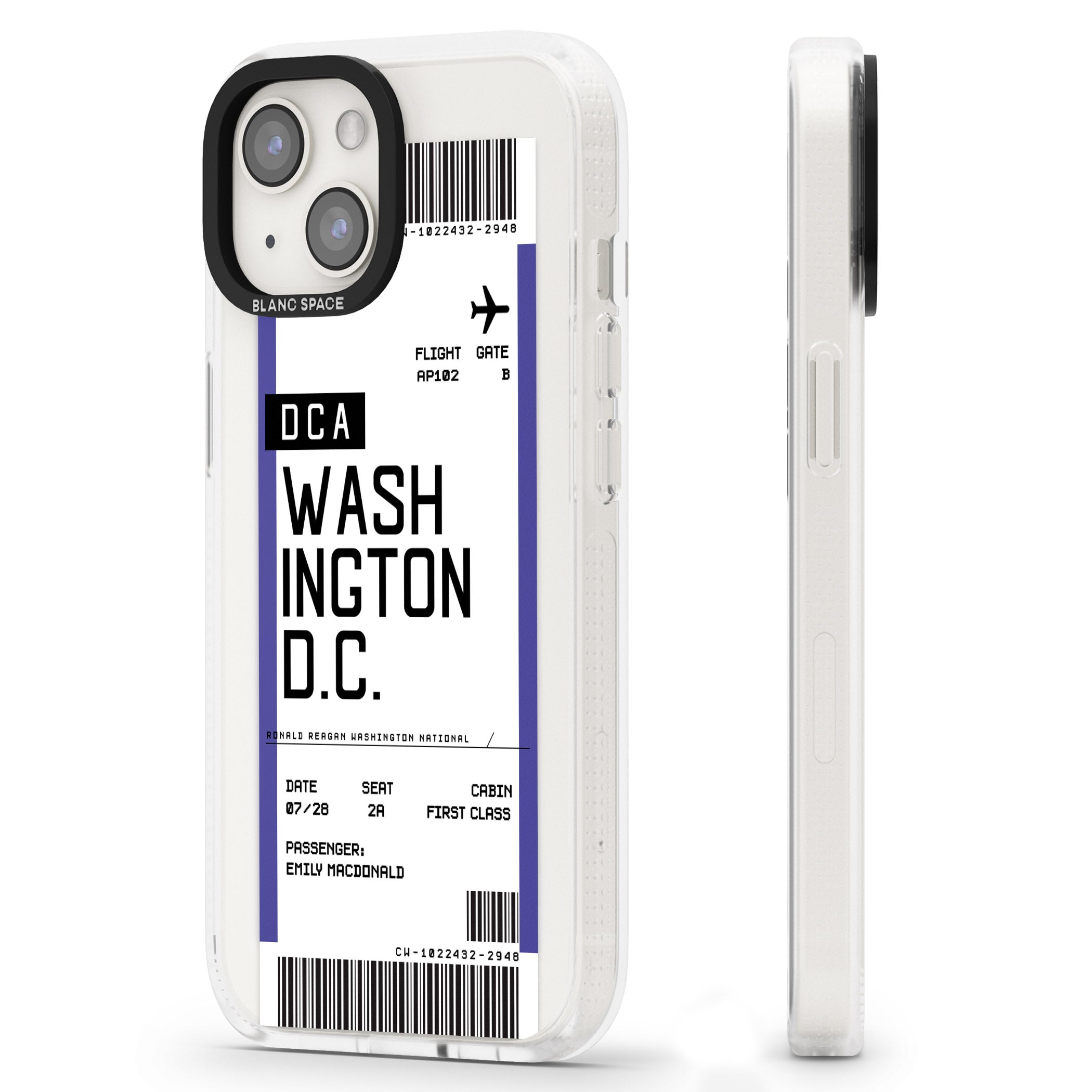 Personalised Washington D.C. Boarding Pass iPhone 15 / 14 / 13 Clear Case Impact Air - Blanc Space