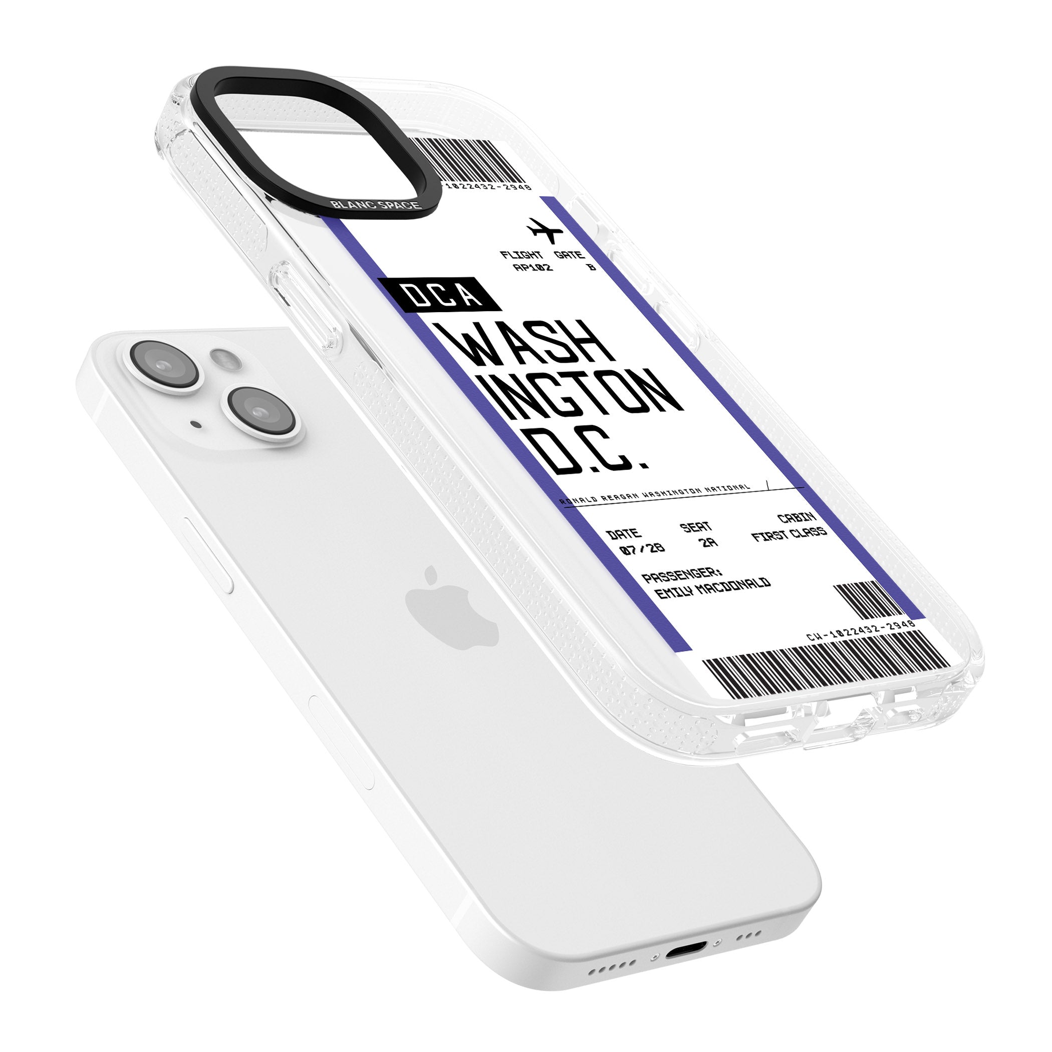 Personalised Washington D.C. Boarding Pass iPhone 15 / 14 / 13 Clear Case Impact Air - Blanc Space