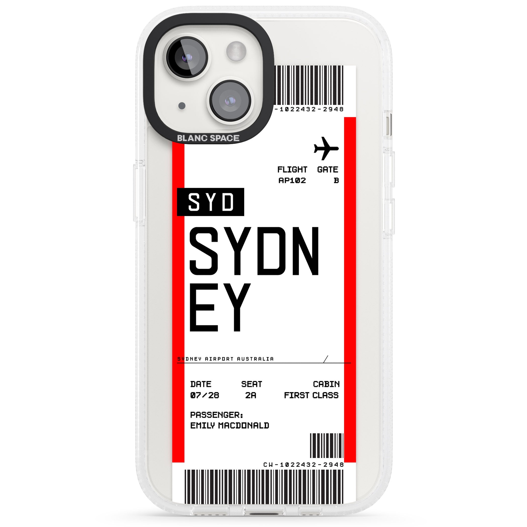 Personalised Sydney Boarding Pass iPhone 15 / 14 / 13 Clear Case Impact Air - Blanc Space