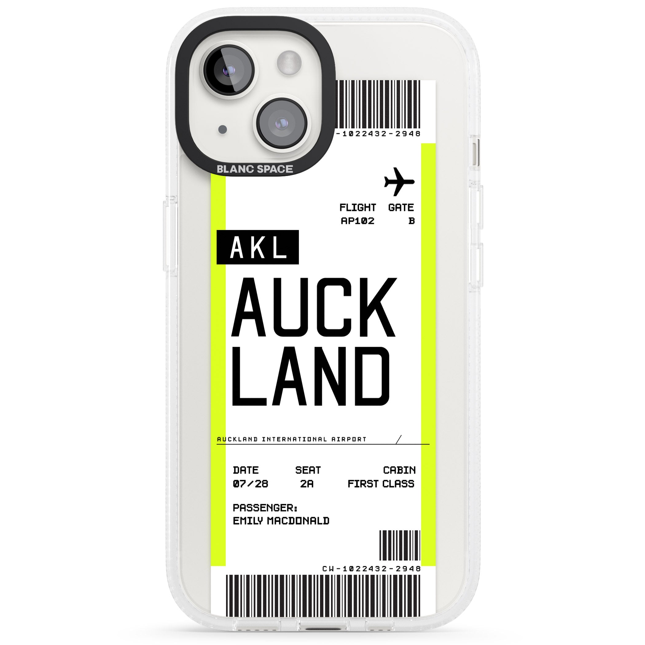 Personalised Auckland Boarding Pass iPhone 15 / 14 / 13 Clear Case Impact Air - Blanc Space