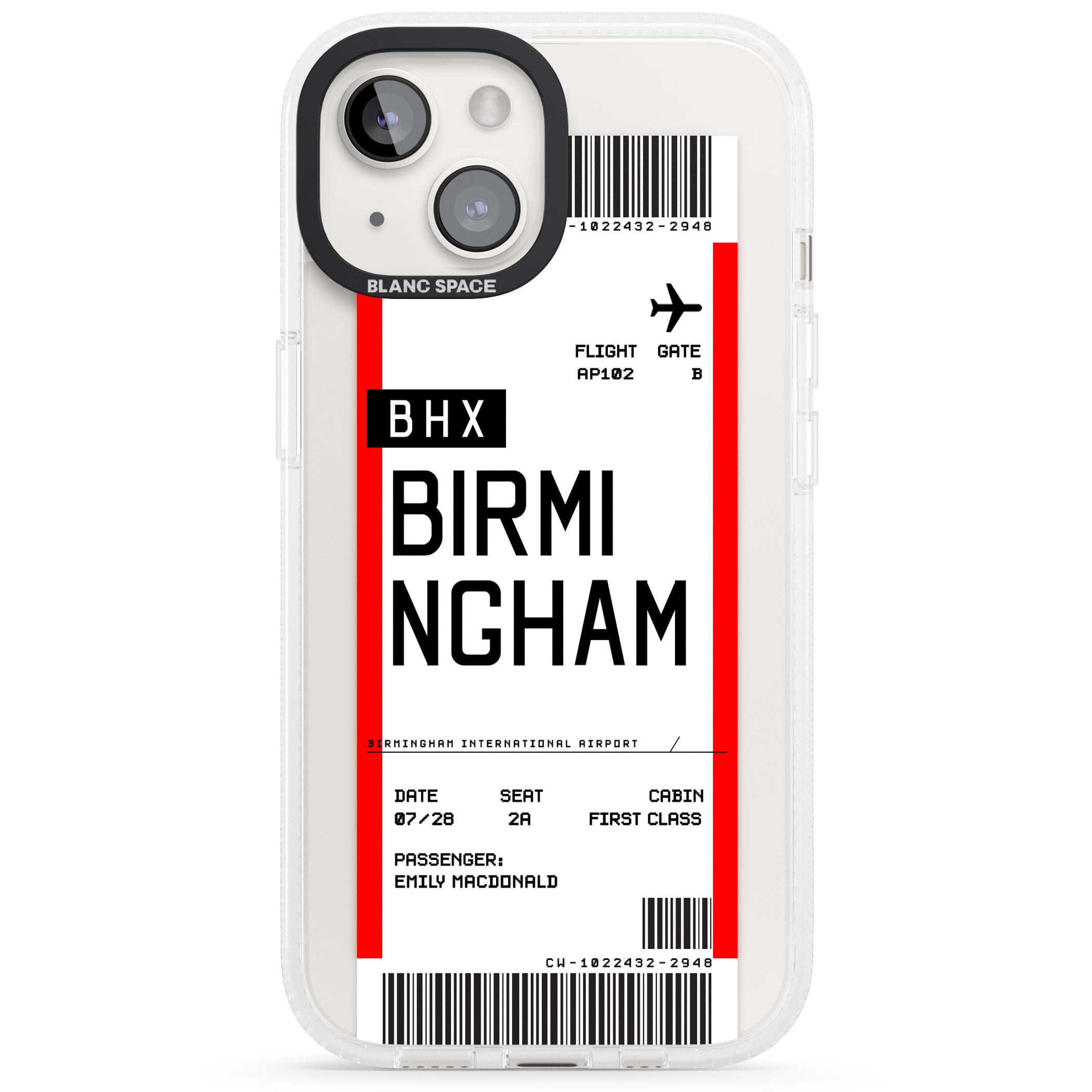 Personalised Birmingham Boarding Pass iPhone 15 / 14 / 13 Clear Case Impact Air - Blanc Space