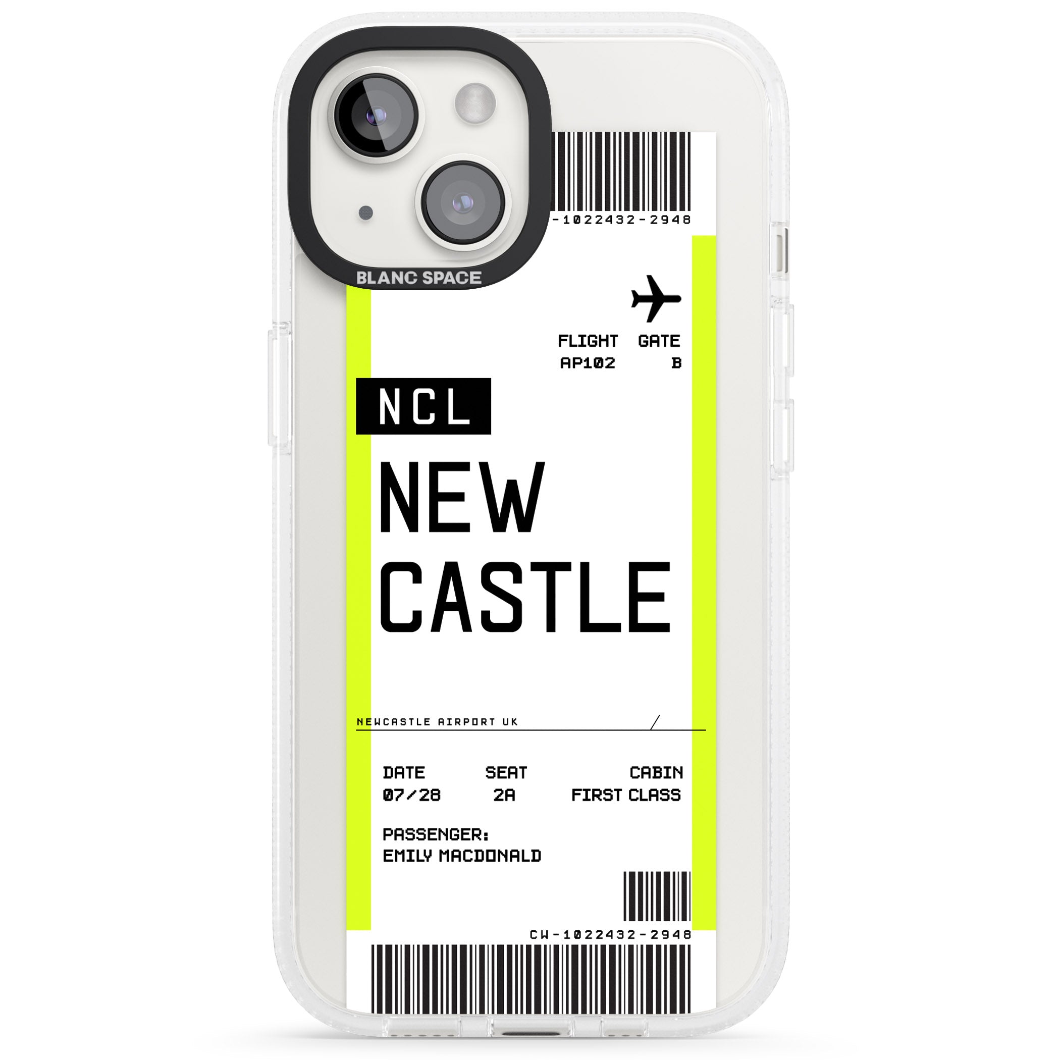 Personalised Newcastle Boarding Pass iPhone 15 / 14 / 13 Clear Case Impact Air - Blanc Space