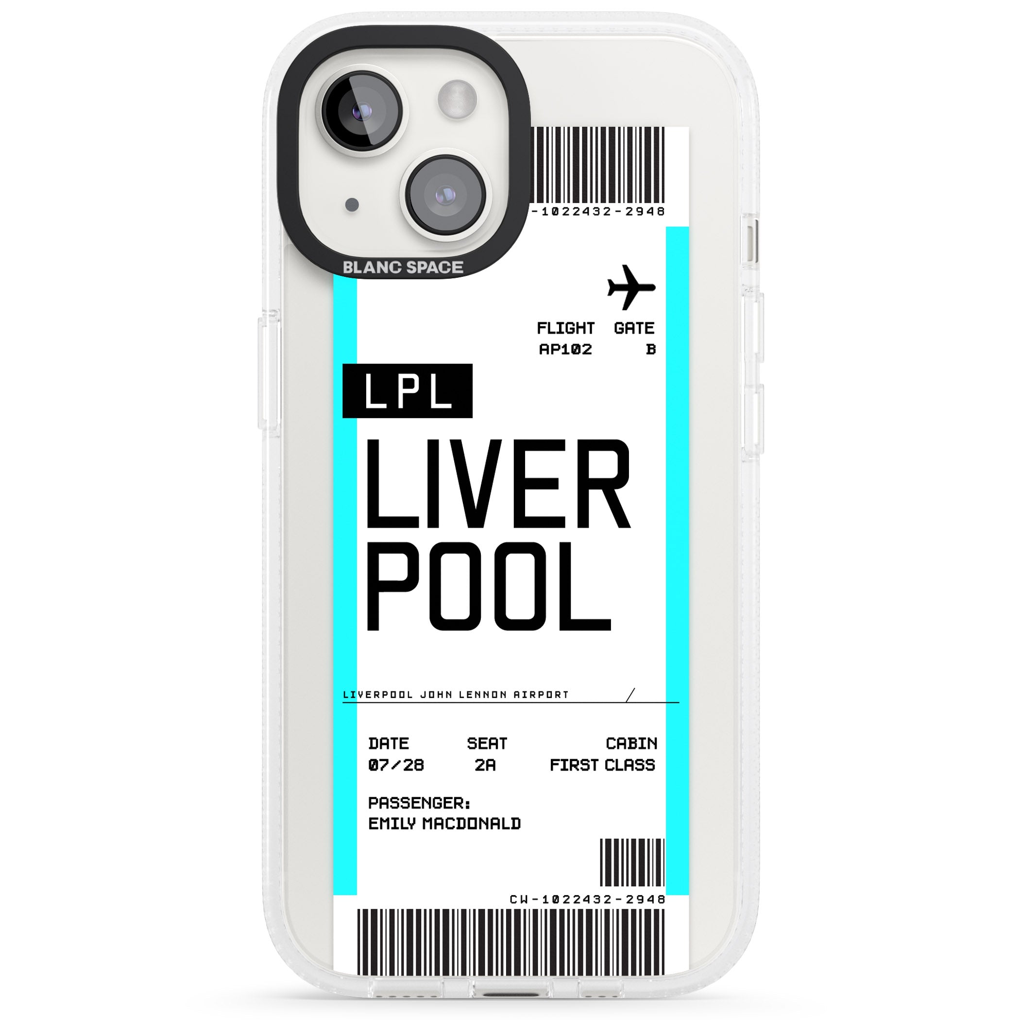 Personalised Liverpool Boarding Pass iPhone 15 / 14 / 13 Clear Case Impact Air - Blanc Space