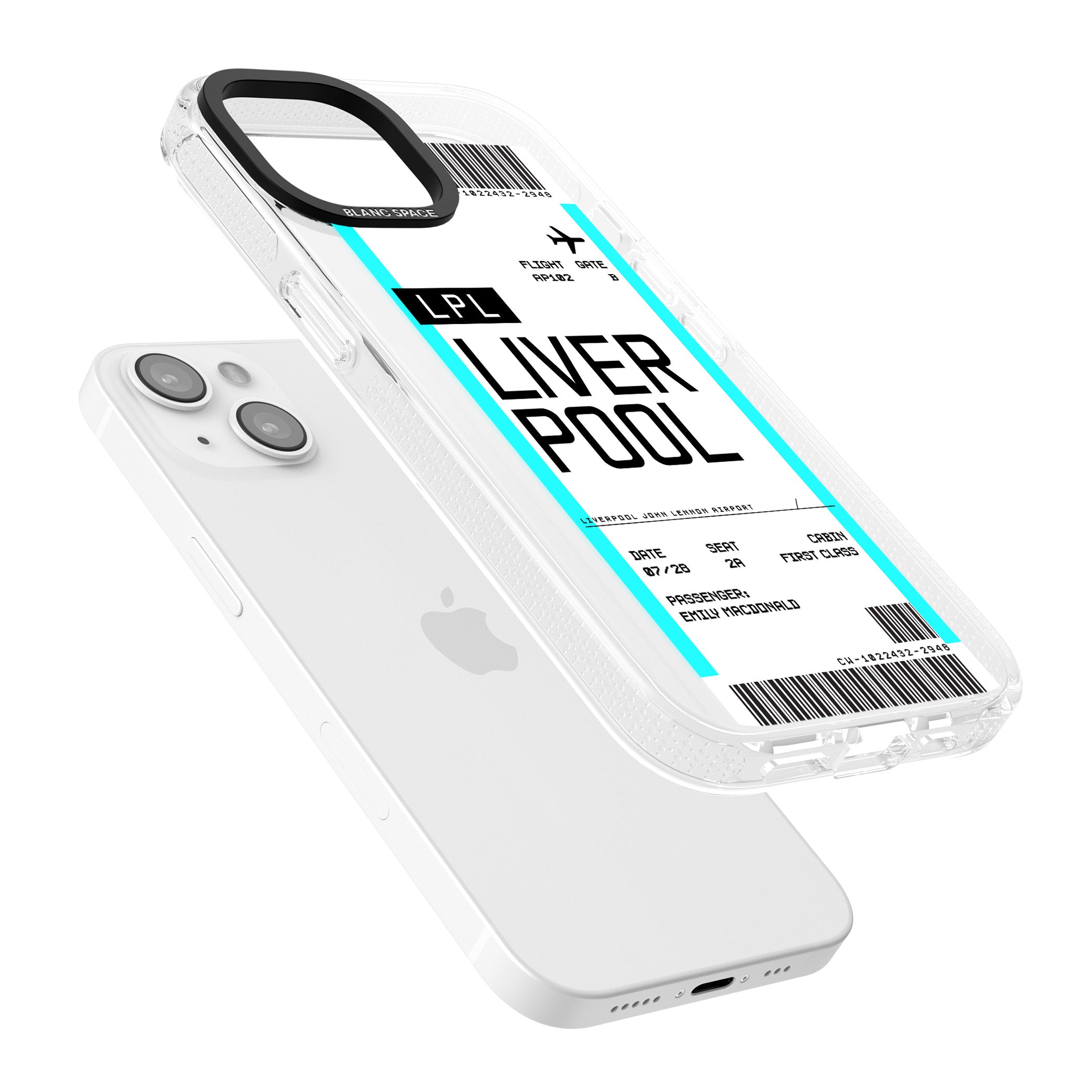 Personalised Liverpool Boarding Pass iPhone 15 / 14 / 13 Clear Case Impact Air - Blanc Space