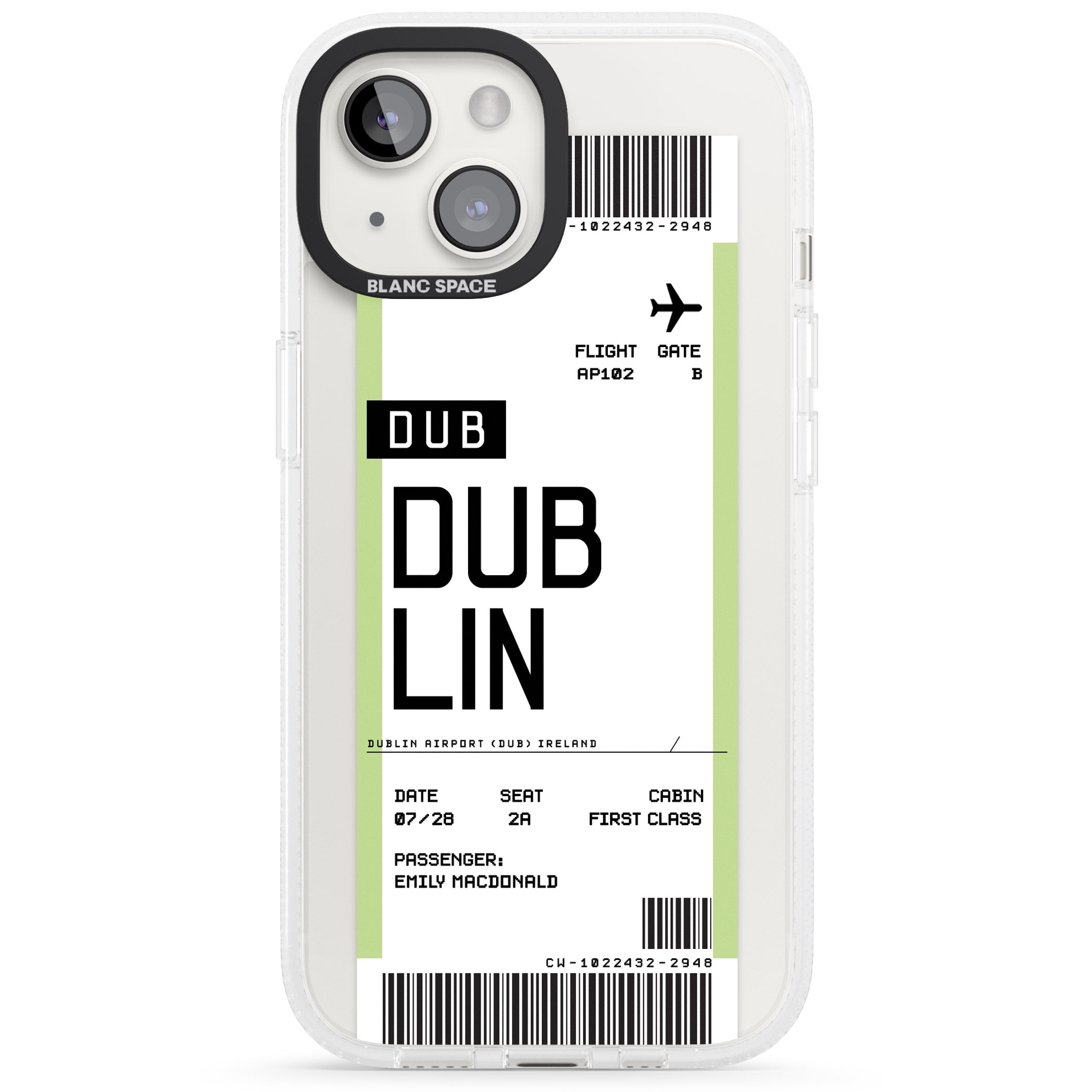 Personalised Dublin Boarding Pass iPhone 15 / 14 / 13 Clear Case Impact Air - Blanc Space