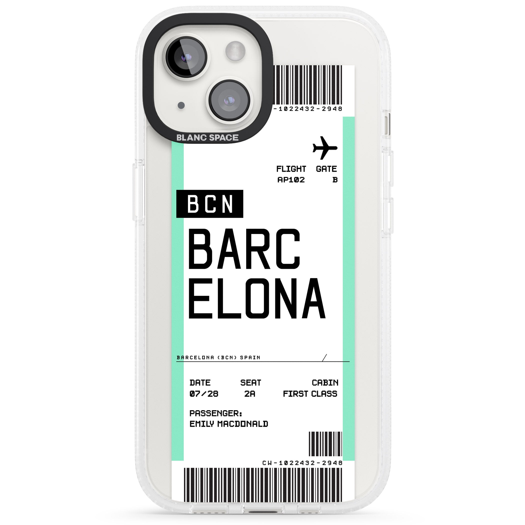 Personalised Barcelona Boarding Pass iPhone 15 / 14 / 13 Clear Case Impact Air - Blanc Space