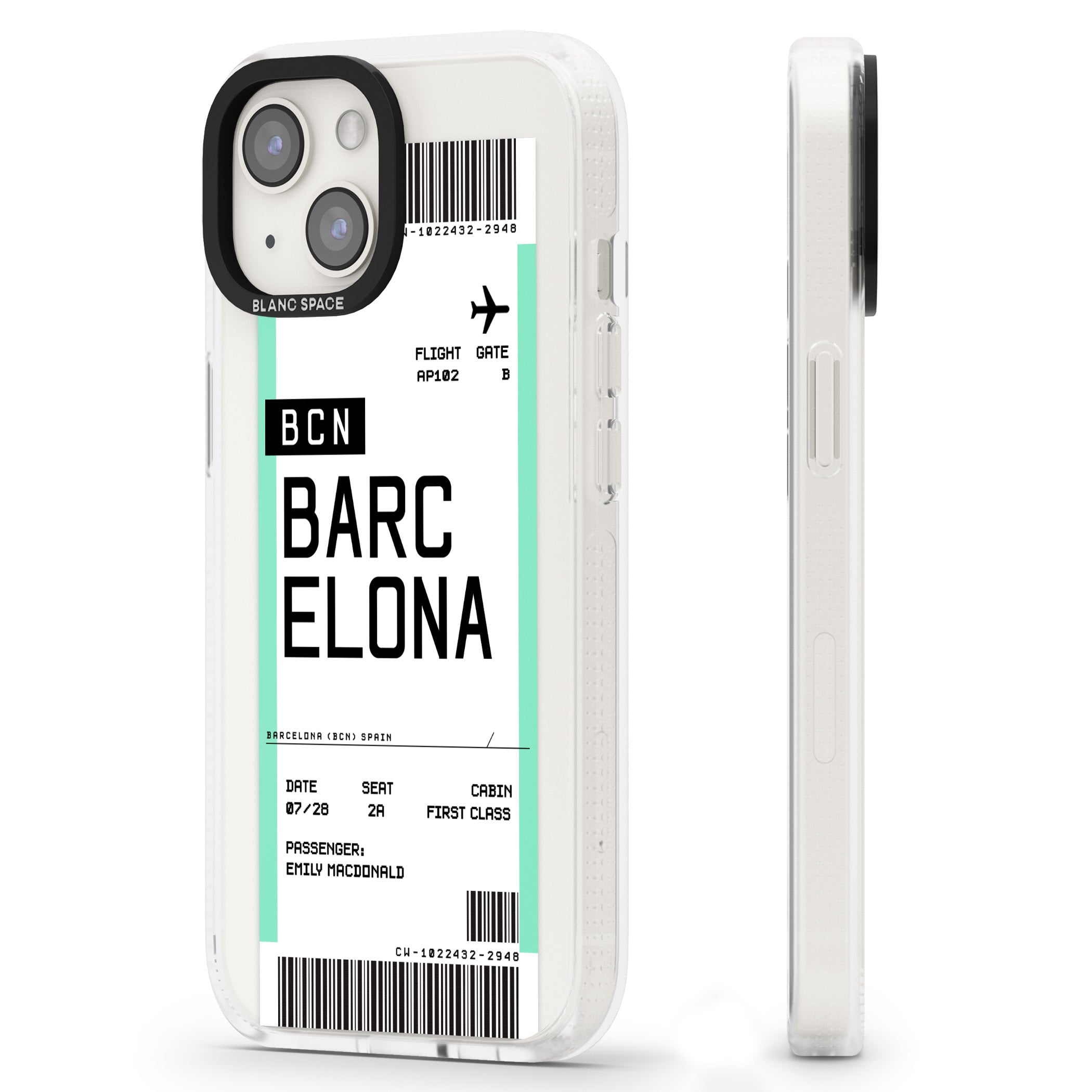 Personalised Barcelona Boarding Pass iPhone 15 / 14 / 13 Clear Case Impact Air - Blanc Space