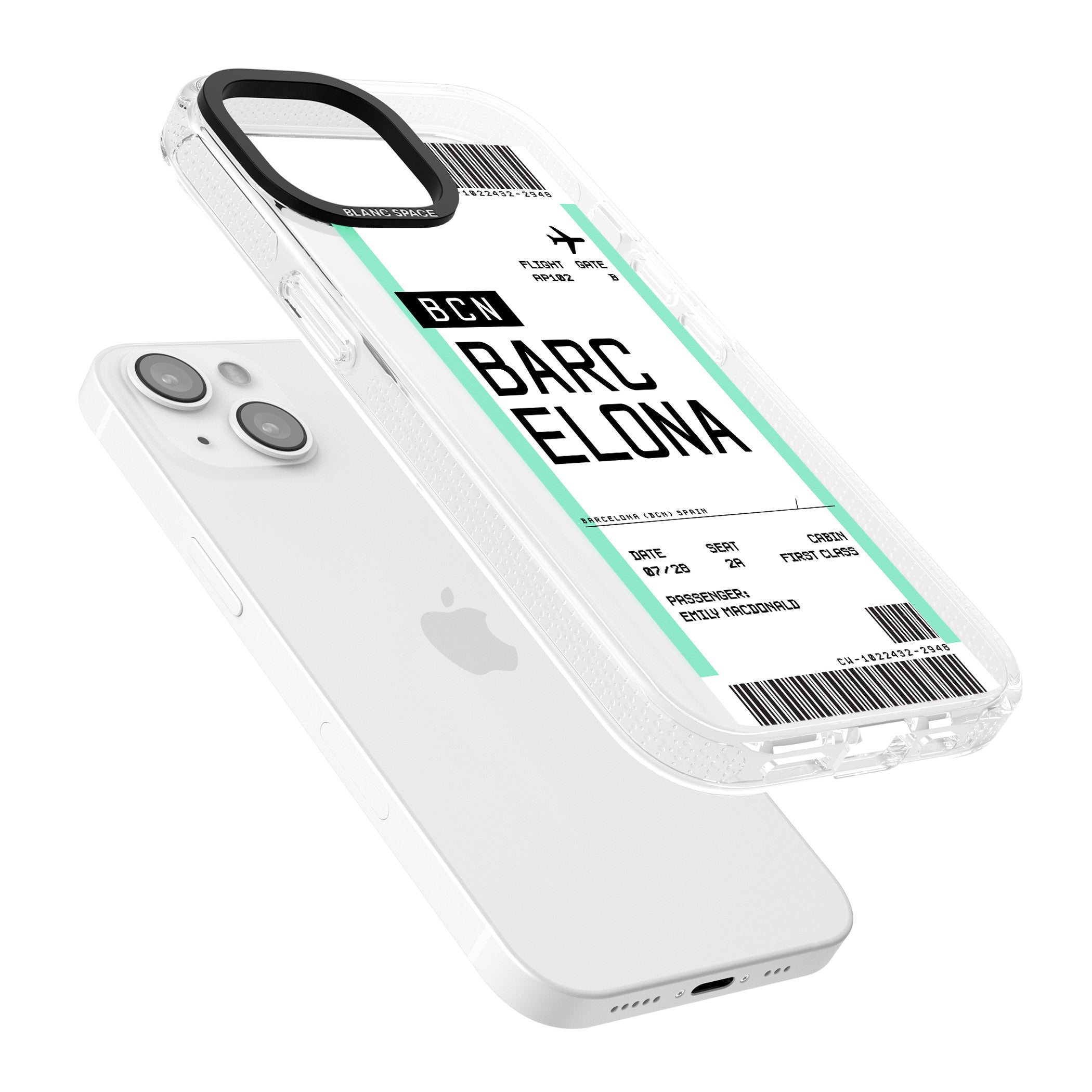 Personalised Barcelona Boarding Pass iPhone 15 / 14 / 13 Clear Case Impact Air - Blanc Space