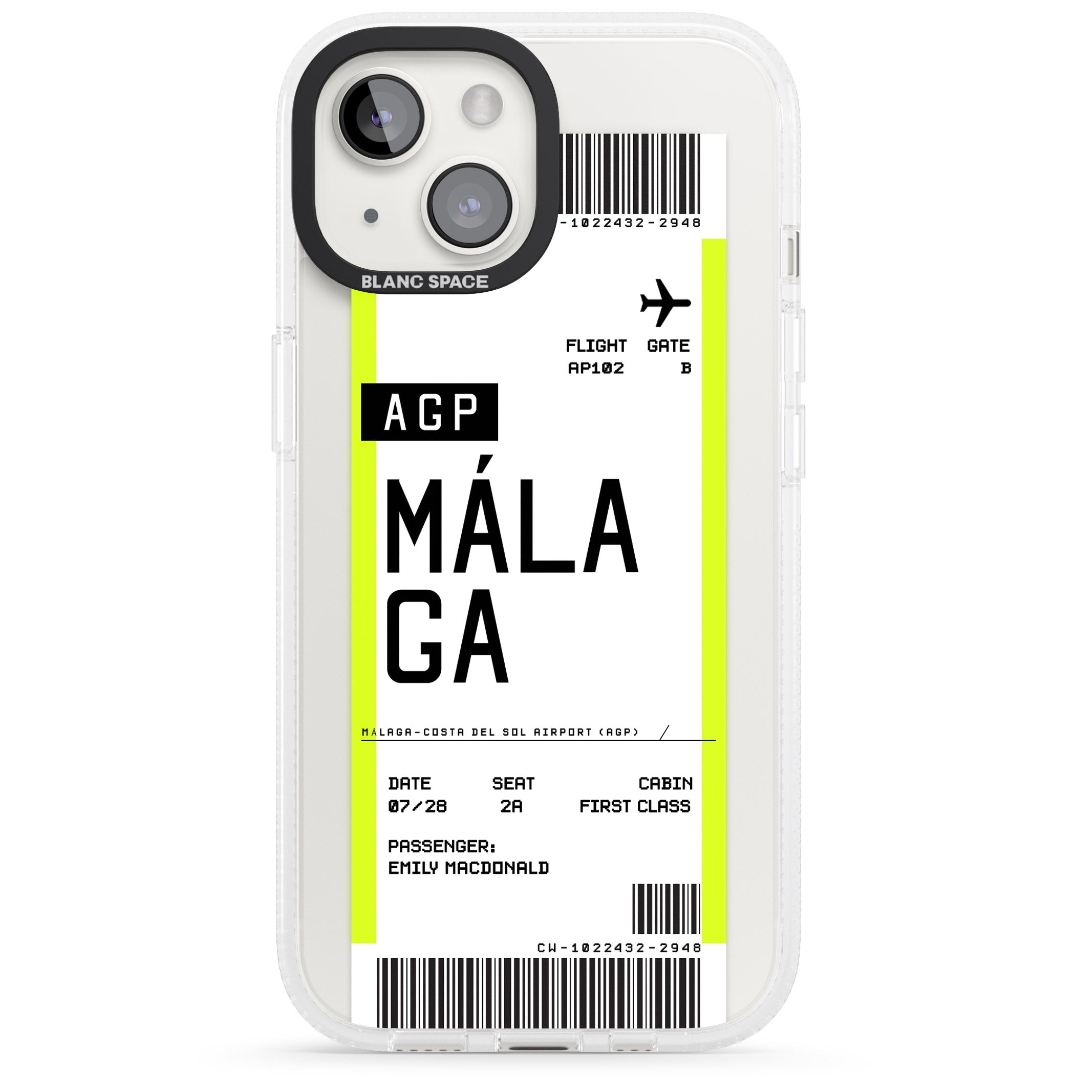 Personalised Málaga Boarding Pass iPhone 15 / 14 / 13 Clear Case Impact Air - Blanc Space