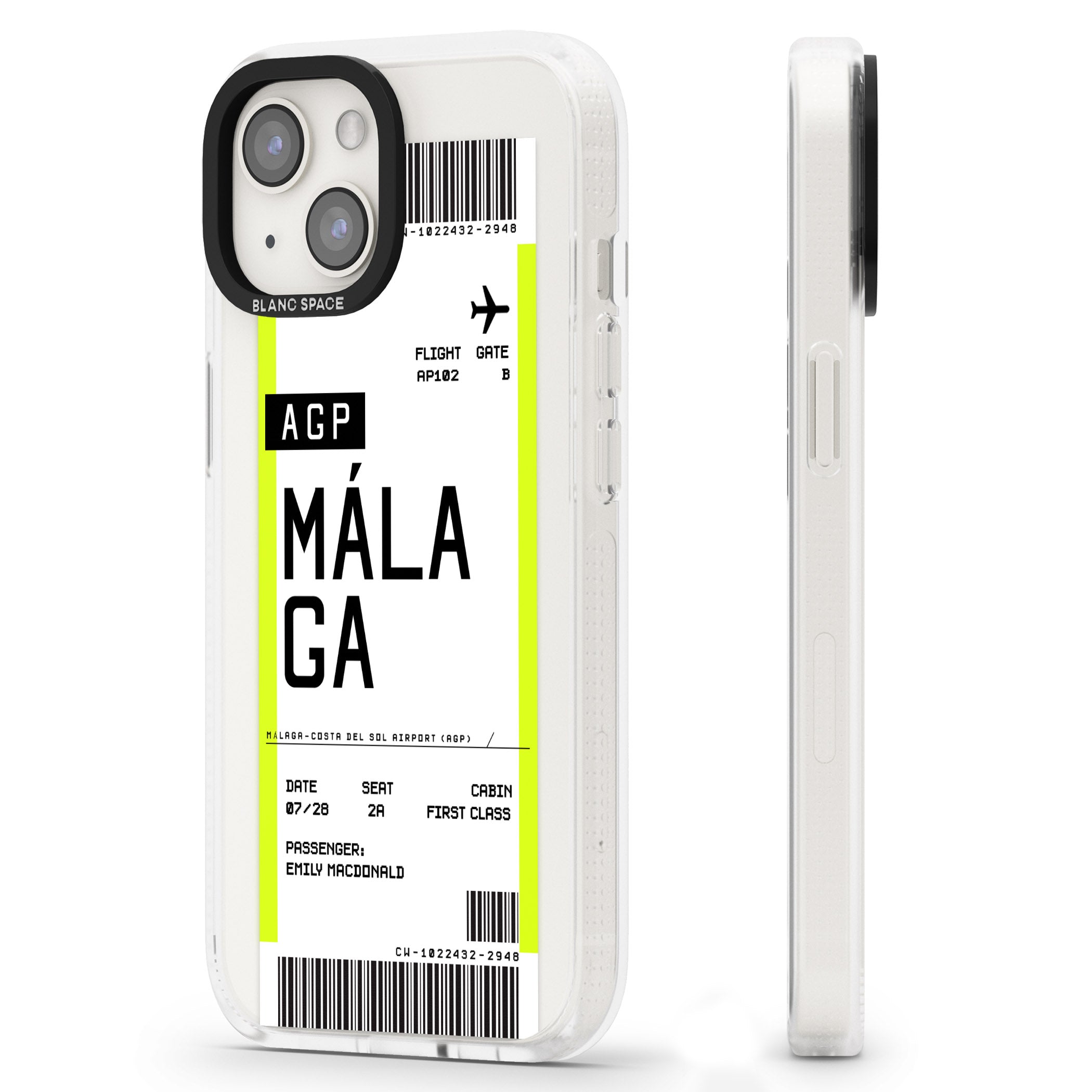 Personalised Málaga Boarding Pass iPhone 15 / 14 / 13 Clear Case Impact Air - Blanc Space