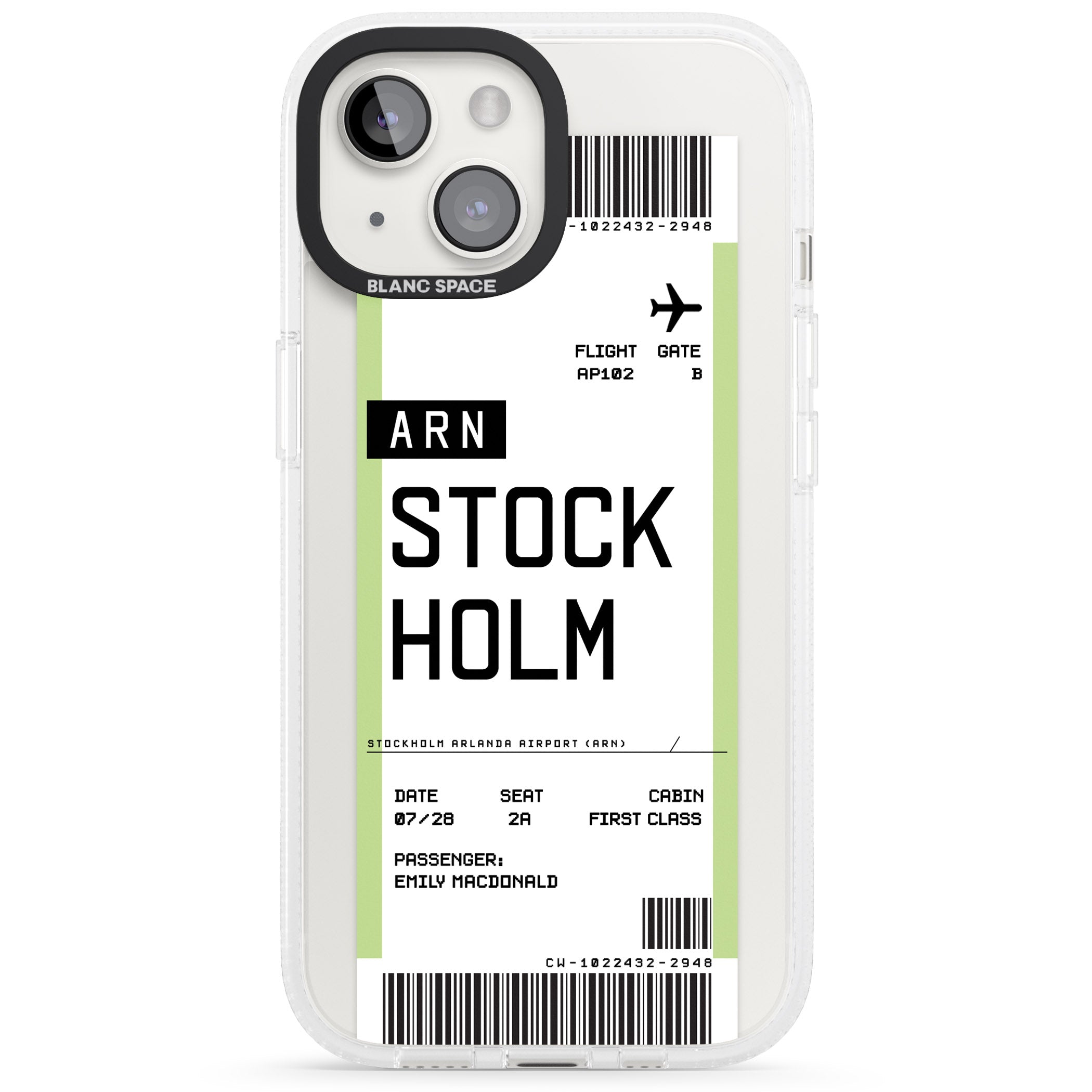 Personalised Stockholm Boarding Pass iPhone 15 / 14 / 13 Clear Case Impact Air - Blanc Space