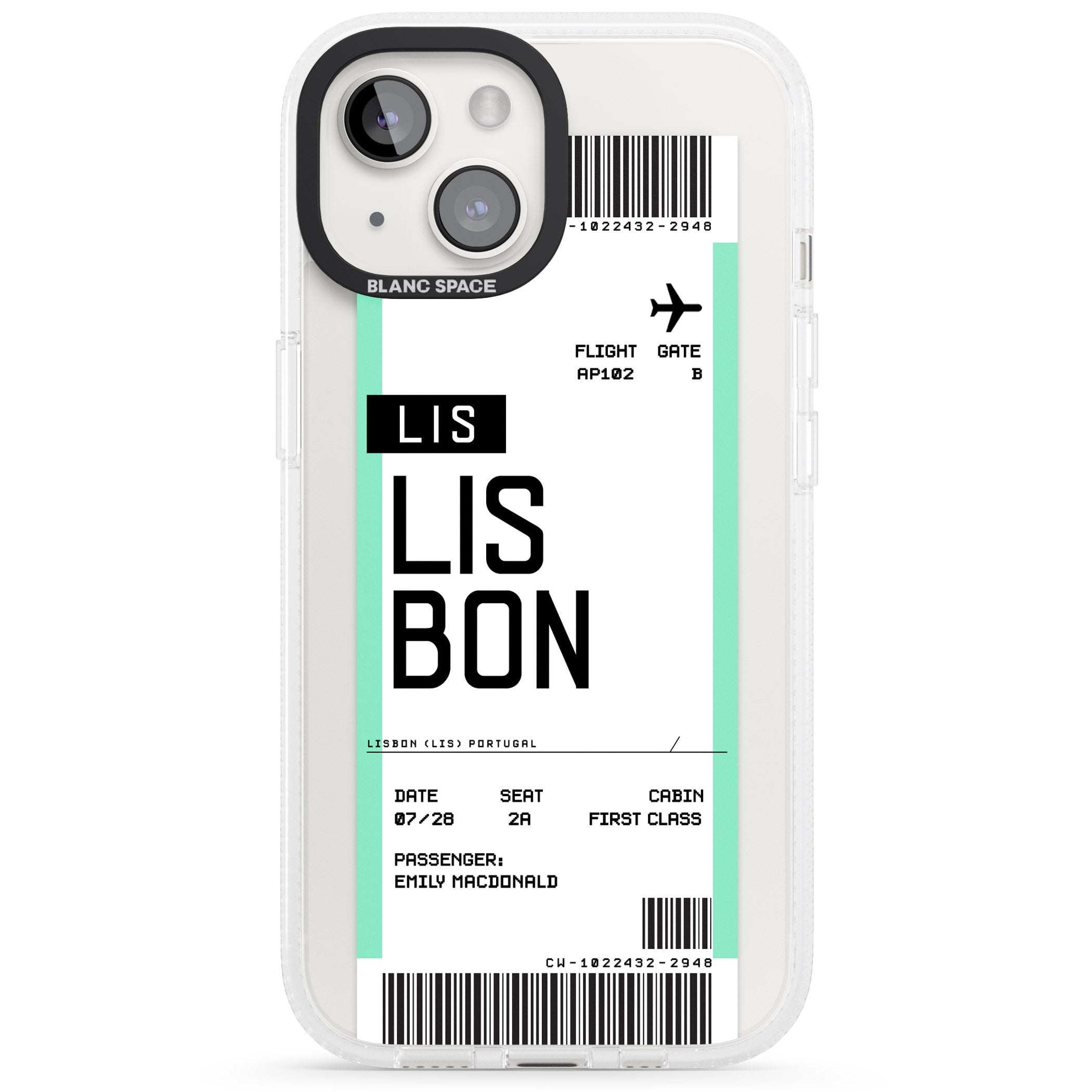 Personalised Lisbon Boarding Pass iPhone 15 / 14 / 13 Clear Case Impact Air - Blanc Space