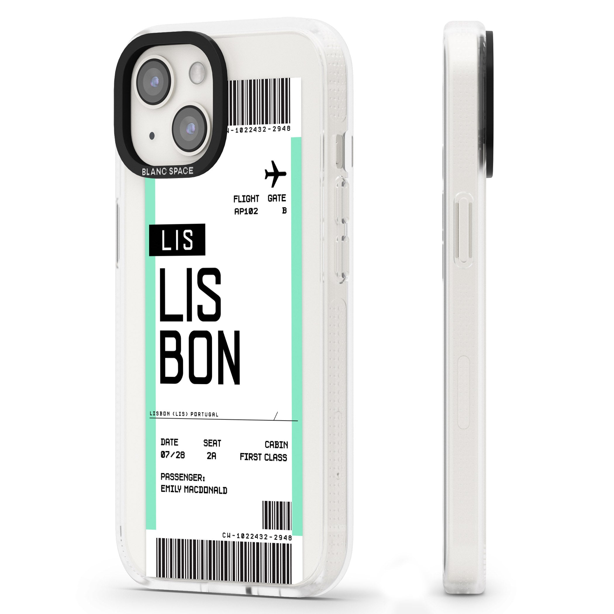 Personalised Lisbon Boarding Pass iPhone 15 / 14 / 13 Clear Case Impact Air - Blanc Space