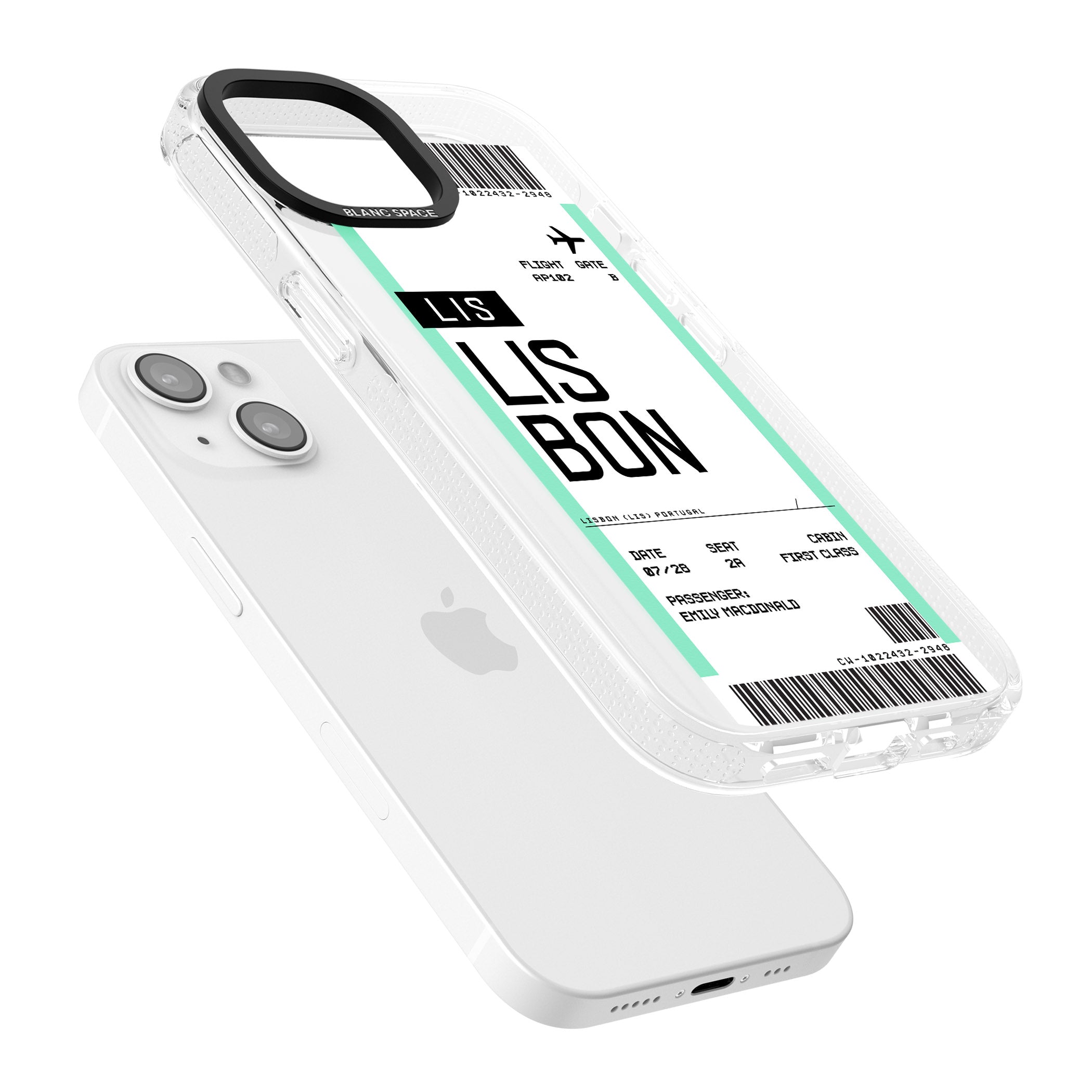 Personalised Lisbon Boarding Pass iPhone 15 / 14 / 13 Clear Case Impact Air - Blanc Space