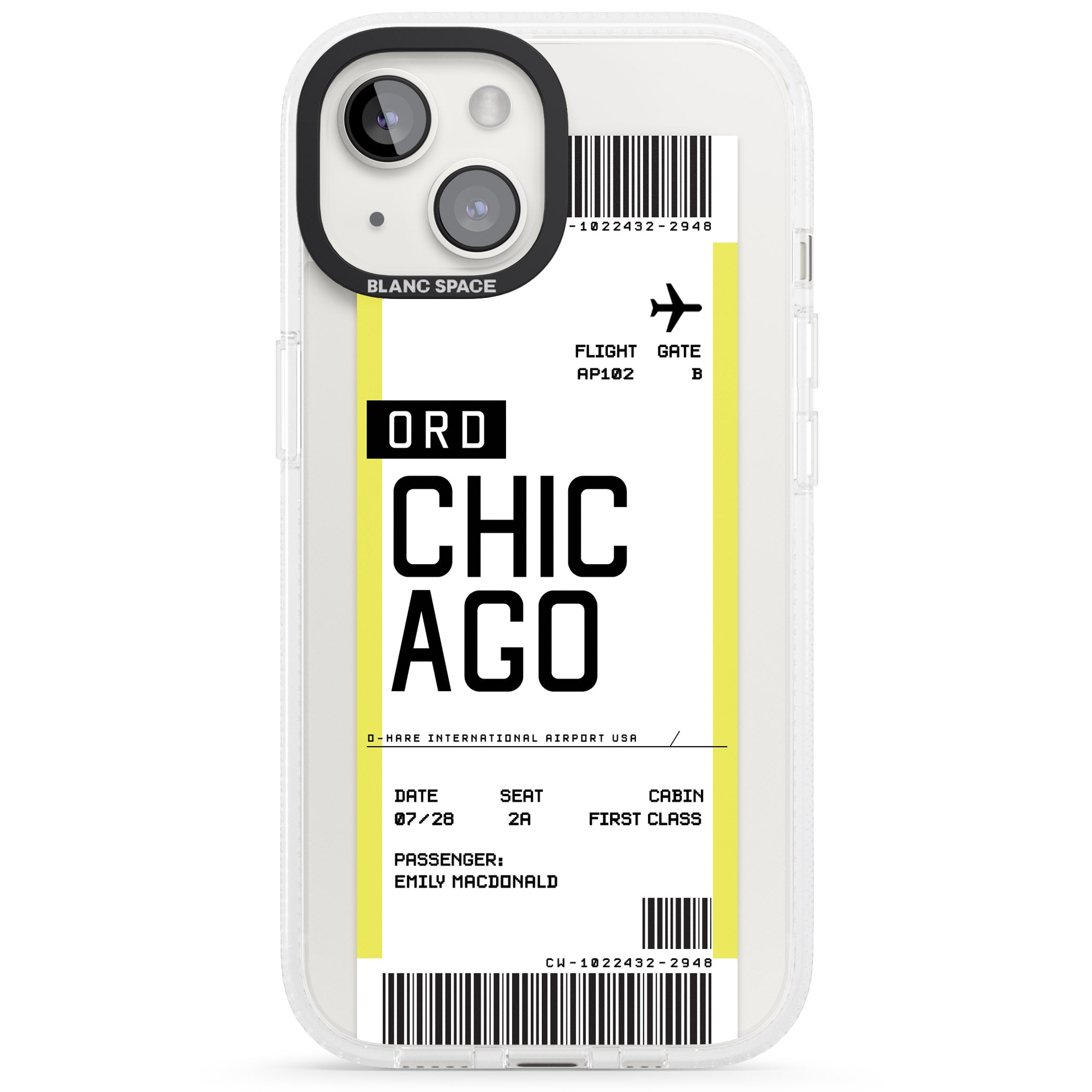 Personalised Chicago Boarding Pass iPhone 15 / 14 / 13 Clear Case Impact Air - Blanc Space
