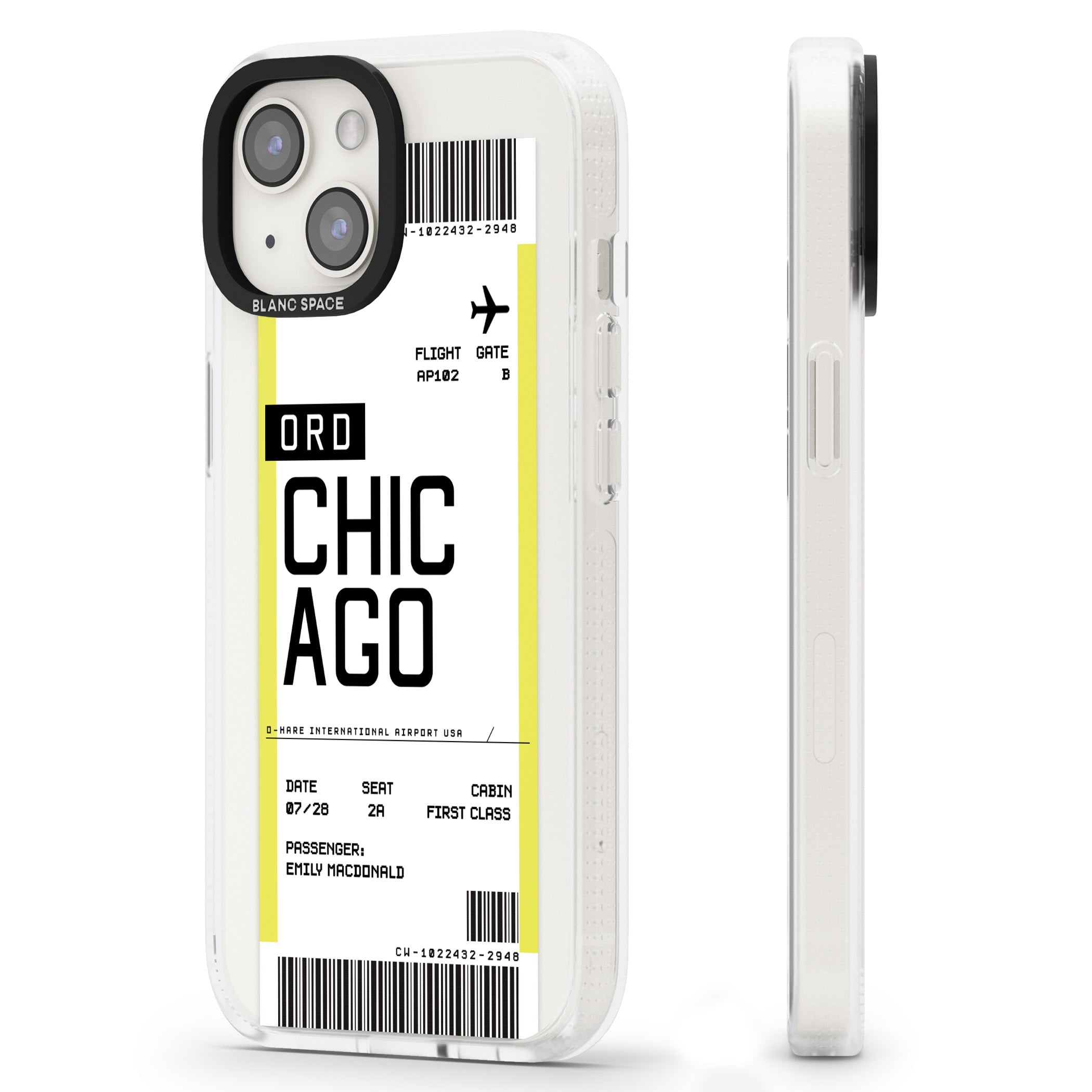 Personalised Chicago Boarding Pass iPhone 15 / 14 / 13 Clear Case Impact Air - Blanc Space