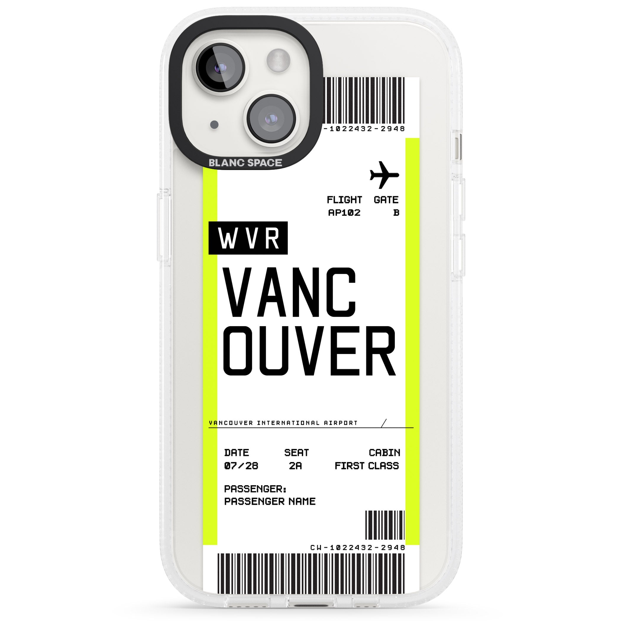 Personalised Vancouver Boarding Pass iPhone 15 / 14 / 13 Clear Case Impact Air - Blanc Space