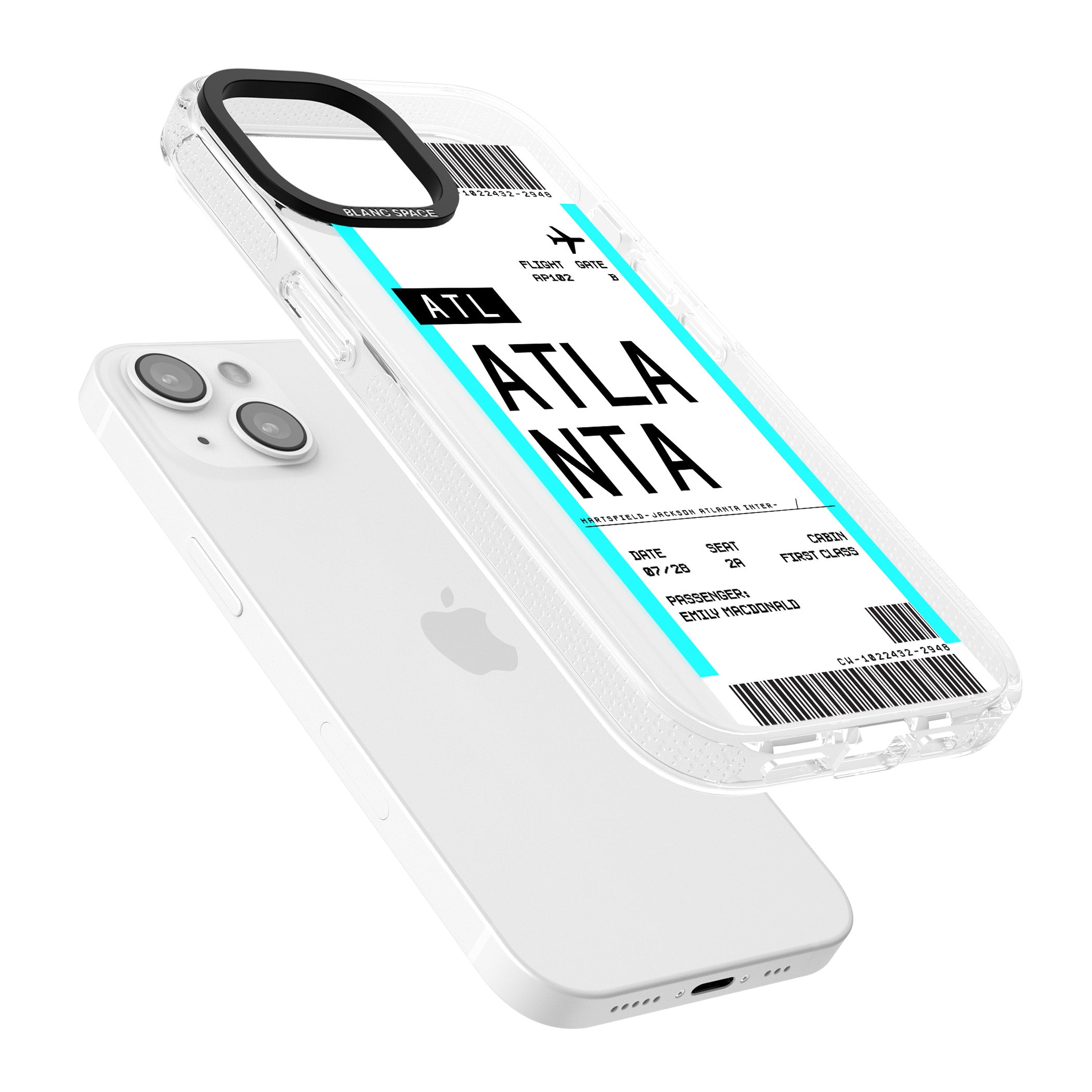 Personalised Atlanta Boarding Pass iPhone 15 / 14 / 13 Clear Case Impact Air - Blanc Space