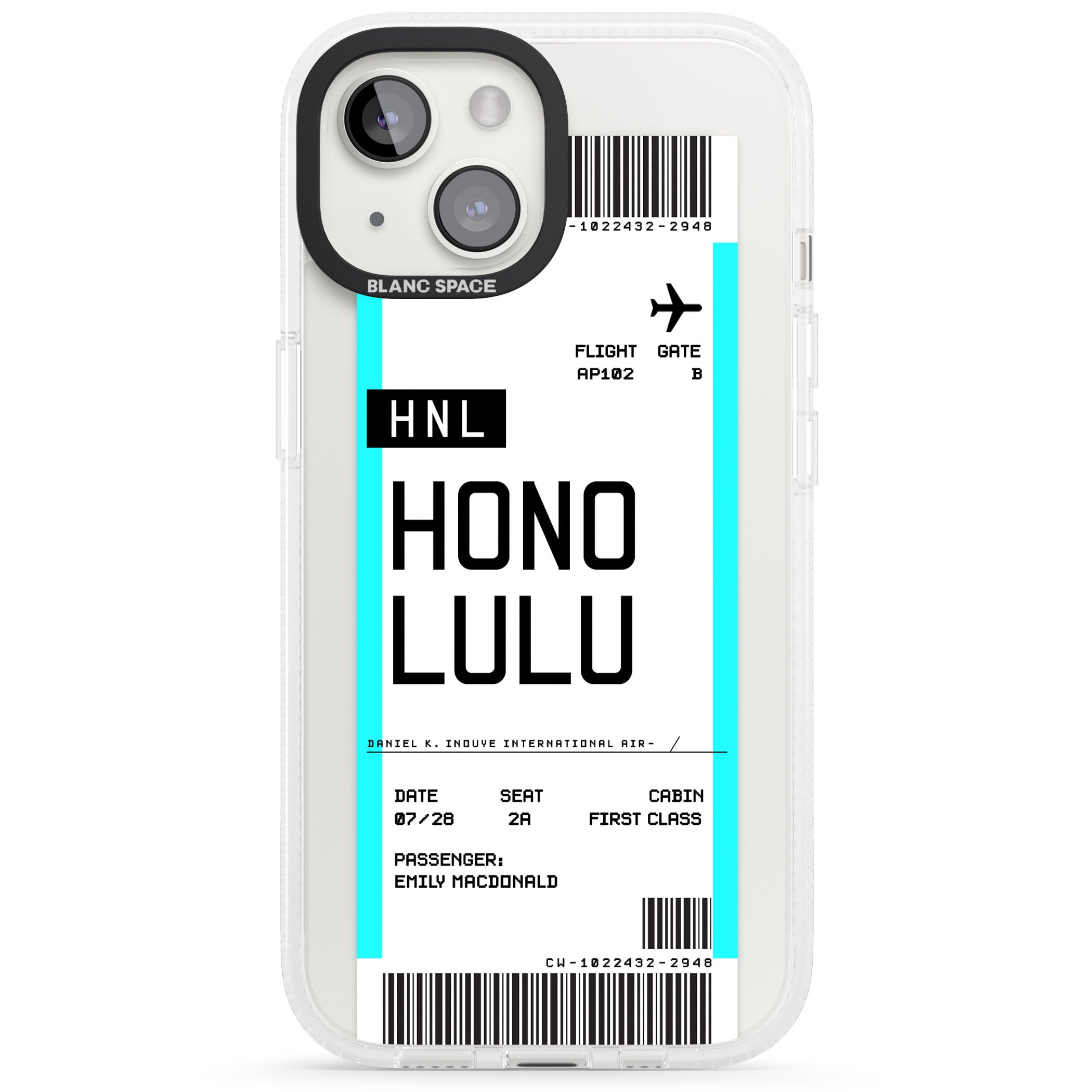 Personalised Honolulu Boarding Pass iPhone 15 / 14 / 13 Clear Case Impact Air - Blanc Space