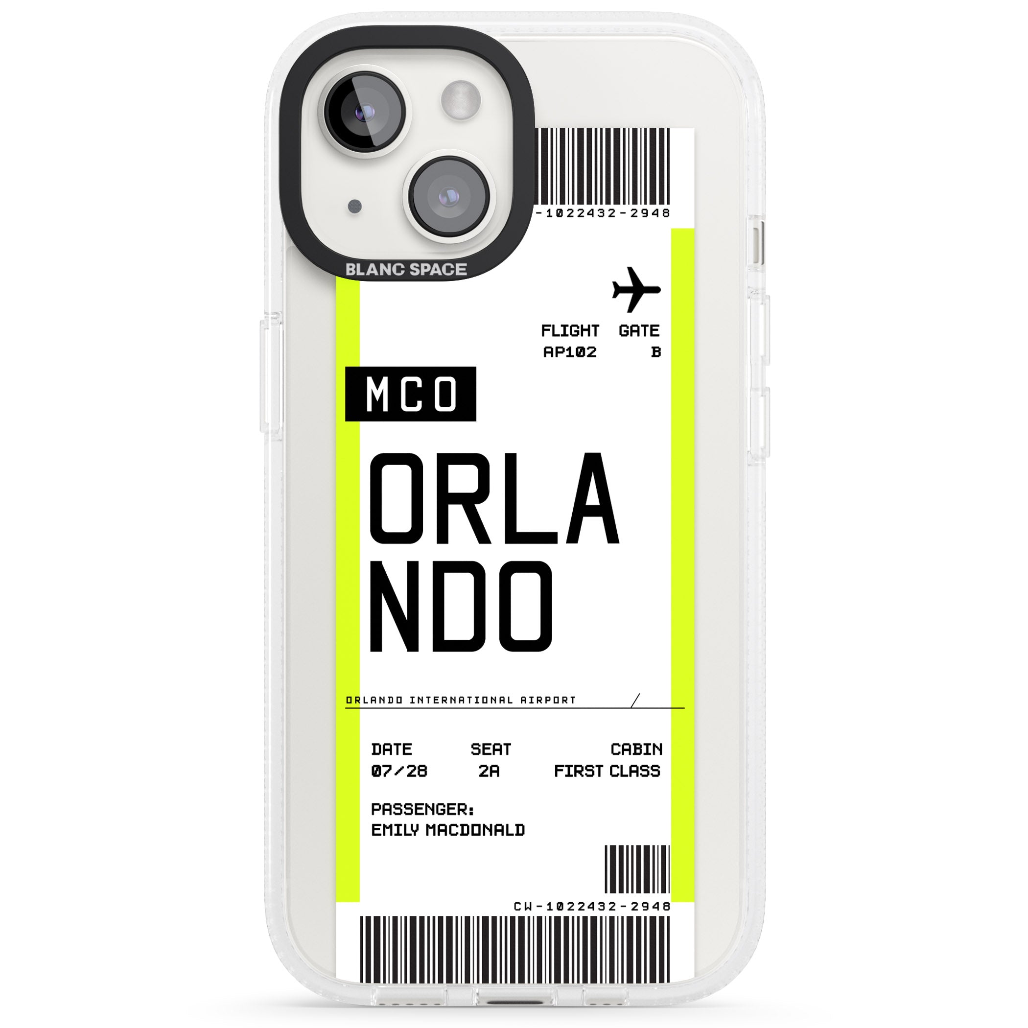 Personalised Orlando Boarding Pass iPhone 15 / 14 / 13 Clear Case Impact Air - Blanc Space