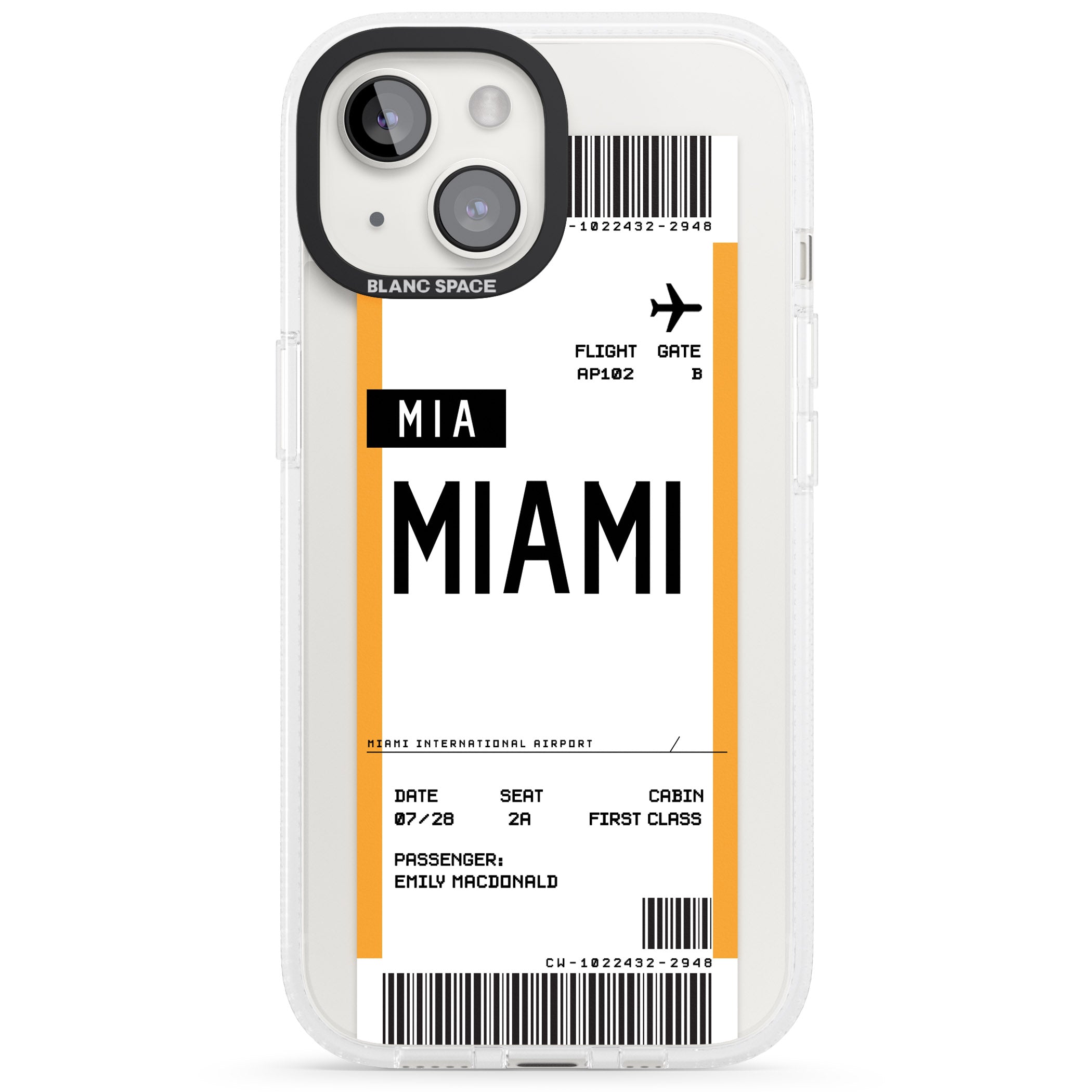 Personalised Miami Boarding Pass iPhone 15 / 14 / 13 Clear Case Impact Air - Blanc Space