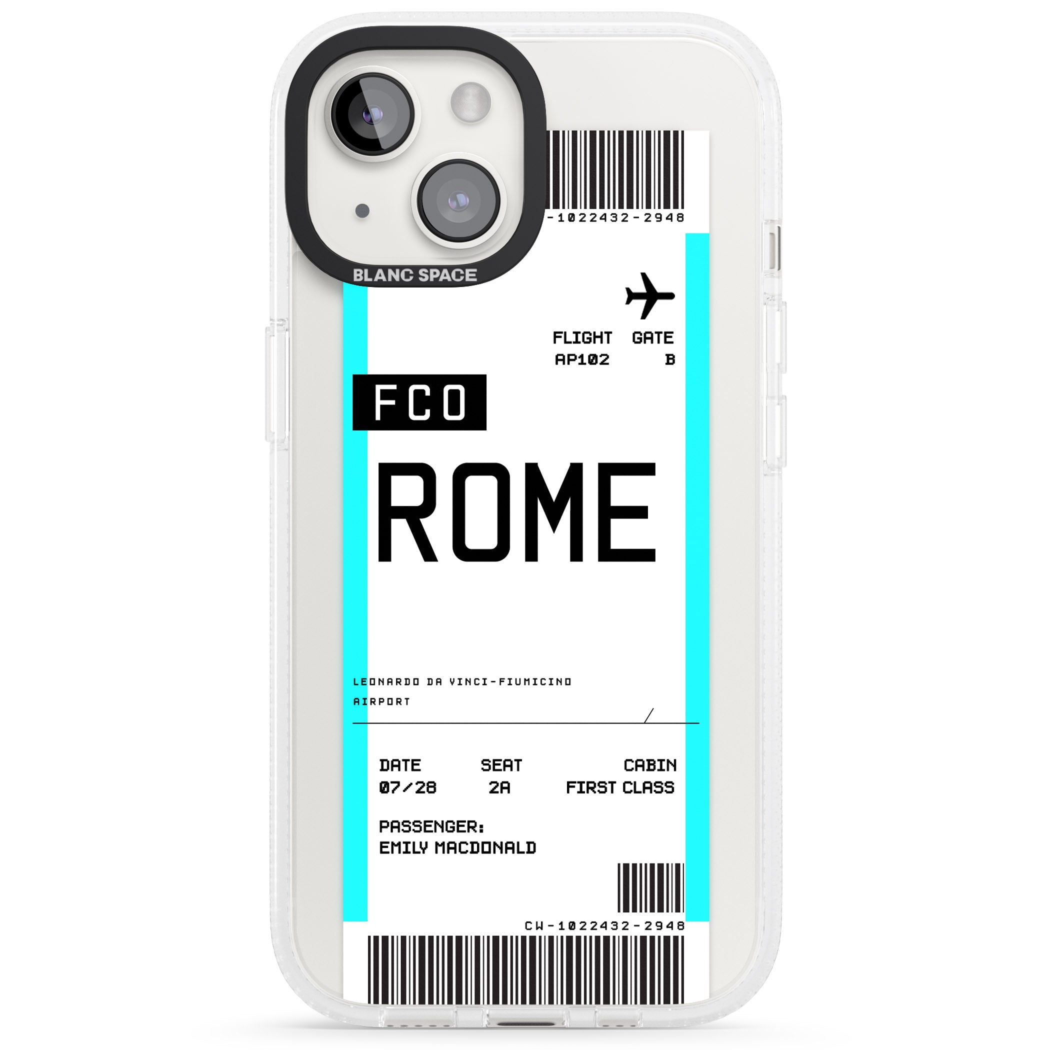 Personalised Rome Boarding Pass iPhone 15 / 14 / 13 Clear Case Impact Air - Blanc Space