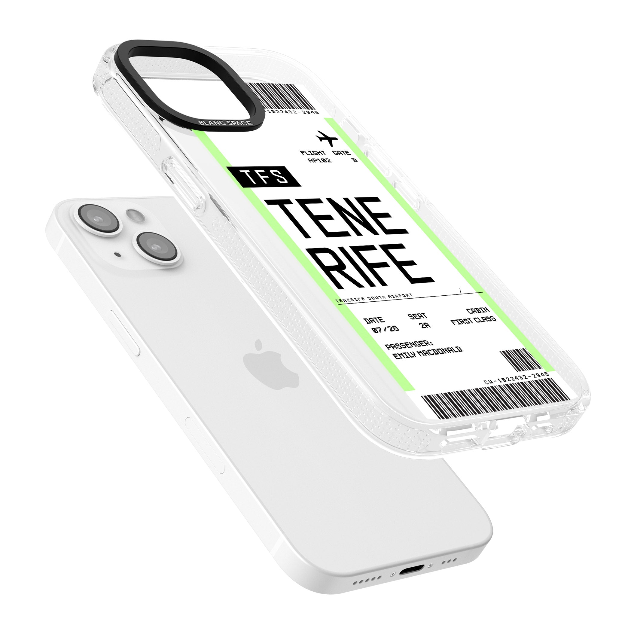 Personalised Tenerife Boarding Pass iPhone 15 / 14 / 13 Clear Case Impact Air - Blanc Space