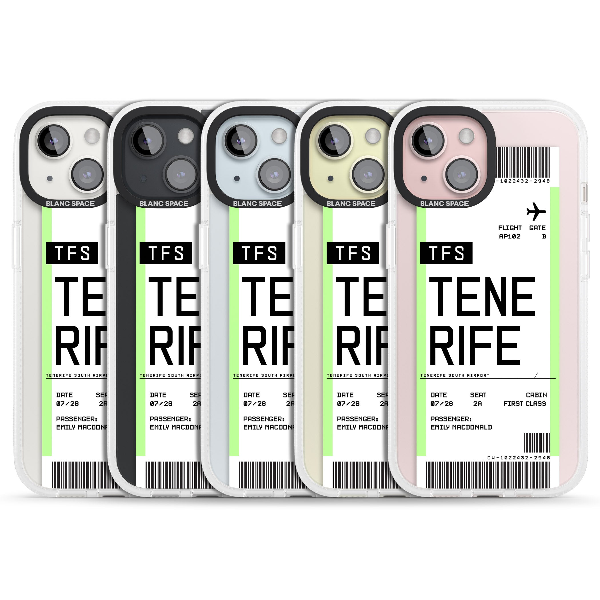 Personalised Tenerife Boarding Pass iPhone 15 / 14 / 13 Clear Case Impact Air - Blanc Space