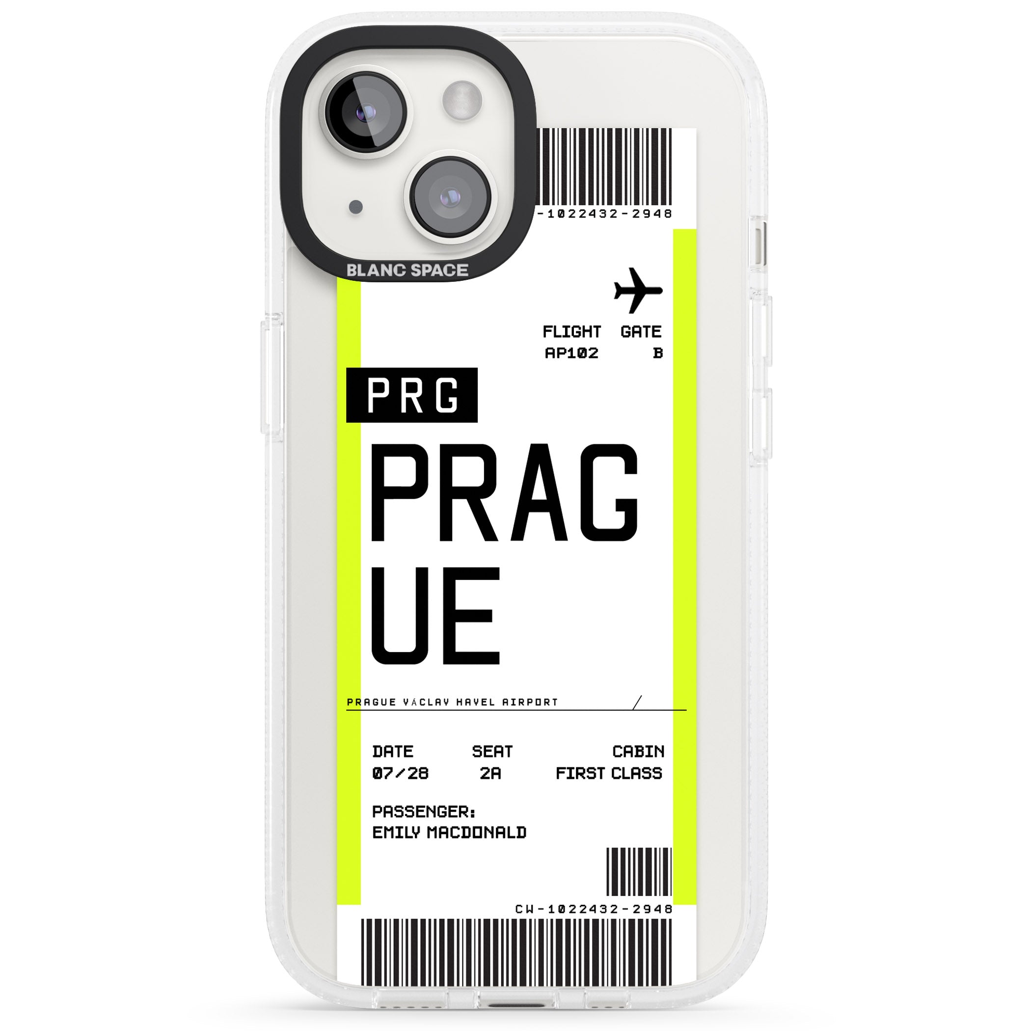 Personalised Prague Boarding Pass iPhone 15 / 14 / 13 Clear Case Impact Air - Blanc Space