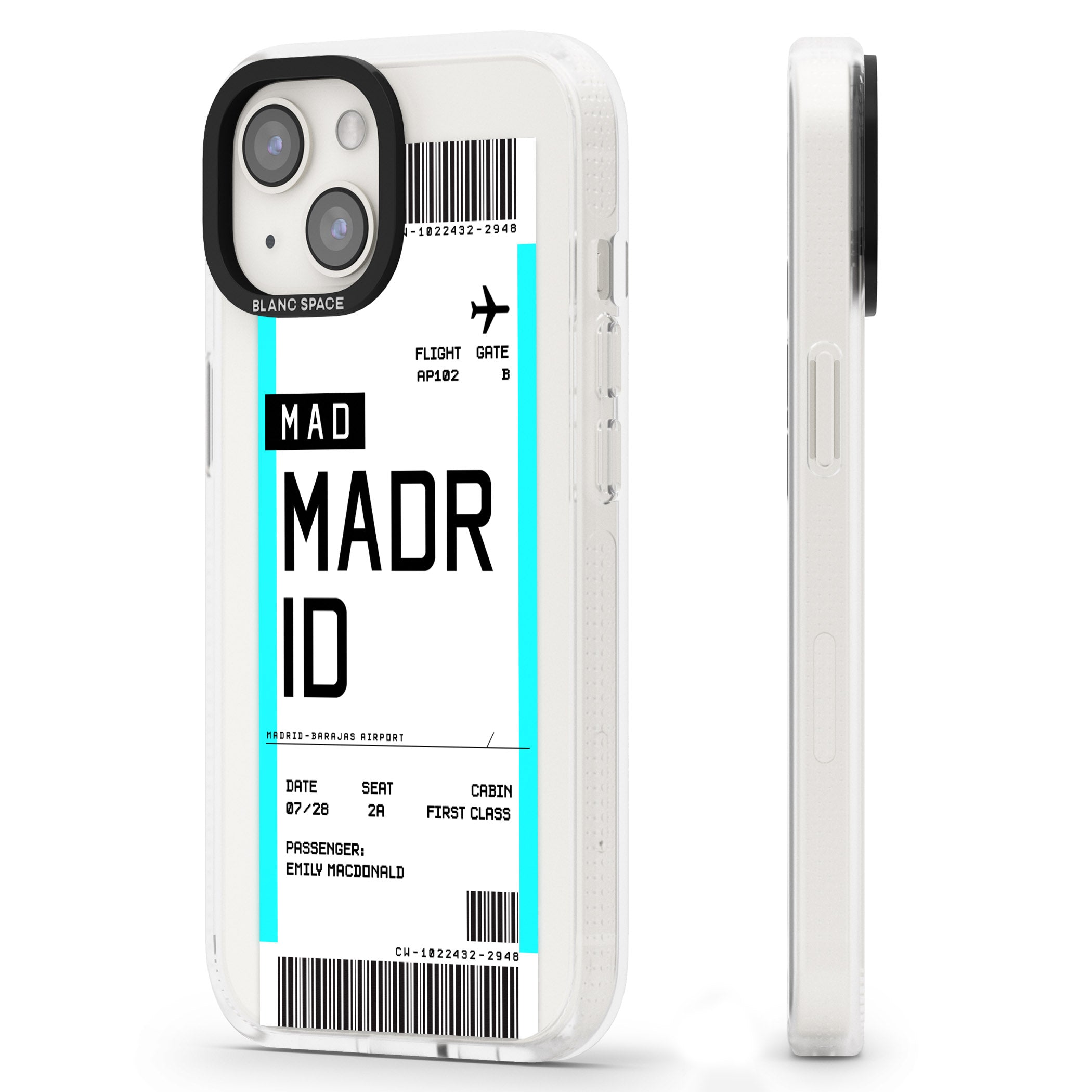 Personalised Madrid Boarding Pass iPhone 15 / 14 / 13 Clear Case Impact Air - Blanc Space