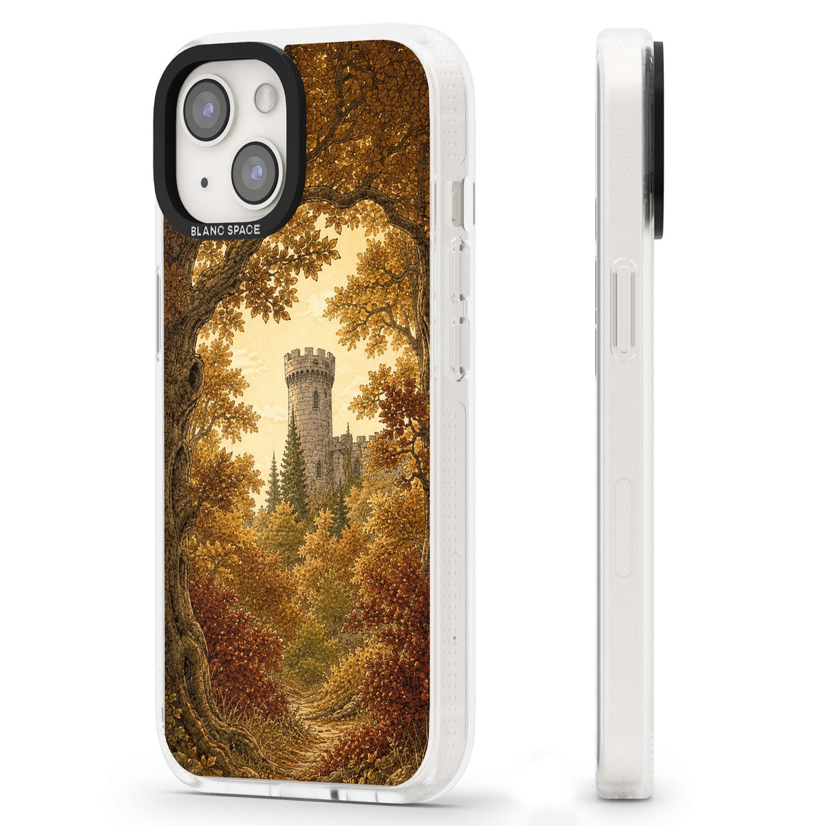 Autumn Keep cottagecore iPhone case featuring a medieval castle tower framed by golden autumn trees and woodland foliage | Clear Case Impact Air case for iPhone 15, iPhone 15 Plus