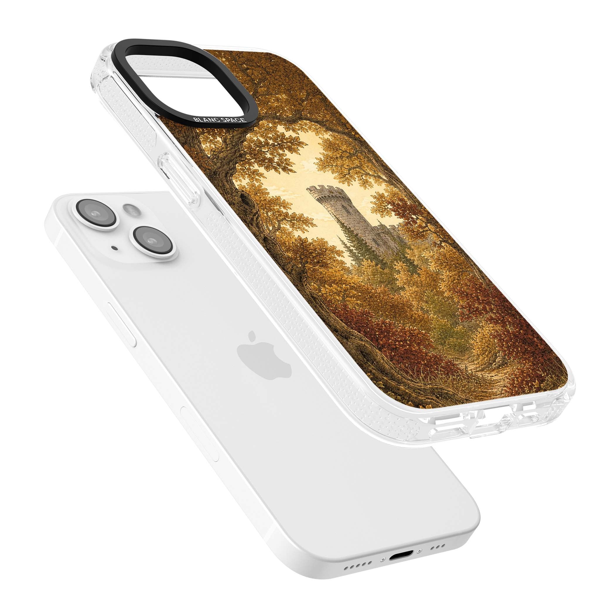 Autumn Keep cottagecore iPhone case featuring a medieval castle tower framed by golden autumn trees and woodland foliage | Clear Case Impact Air case for iPhone 15, iPhone 15 Plus