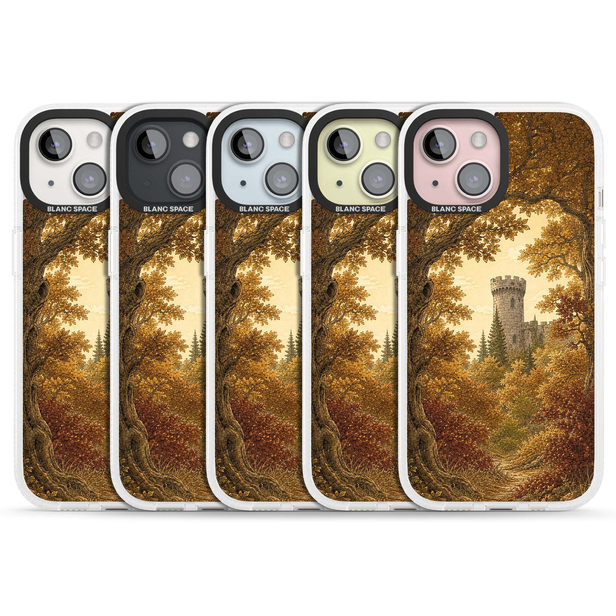 Autumn Keep cottagecore iPhone case featuring a medieval castle tower framed by golden autumn trees and woodland foliage | Clear Case Impact Air case for iPhone 15, iPhone 15 Plus