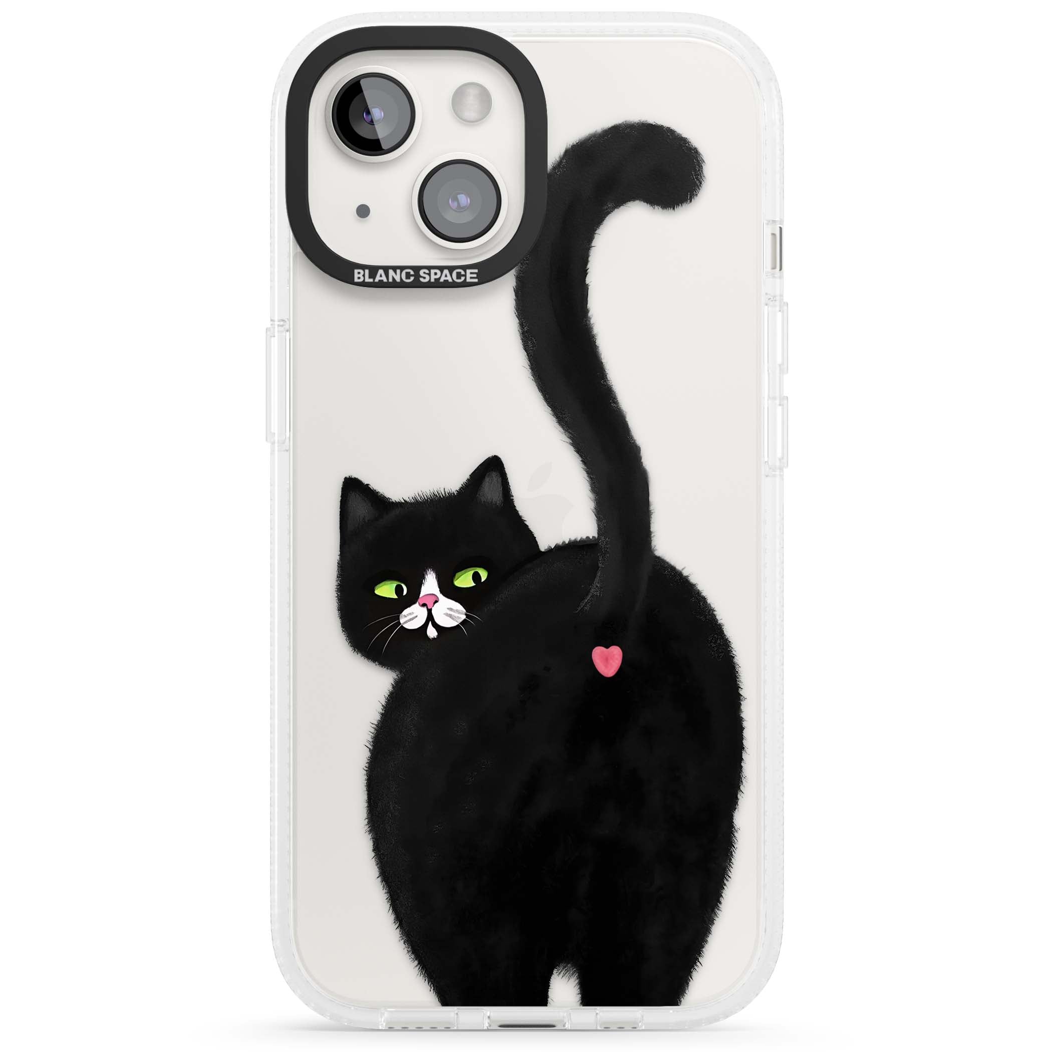 The Cat's Kiss cute cat iPhone case featuring a hand-painted tuxedo kitty with green eyes and a pink heart on a clear | Clear Case Impact Air case for iPhone 15, iPhone 15 Plus