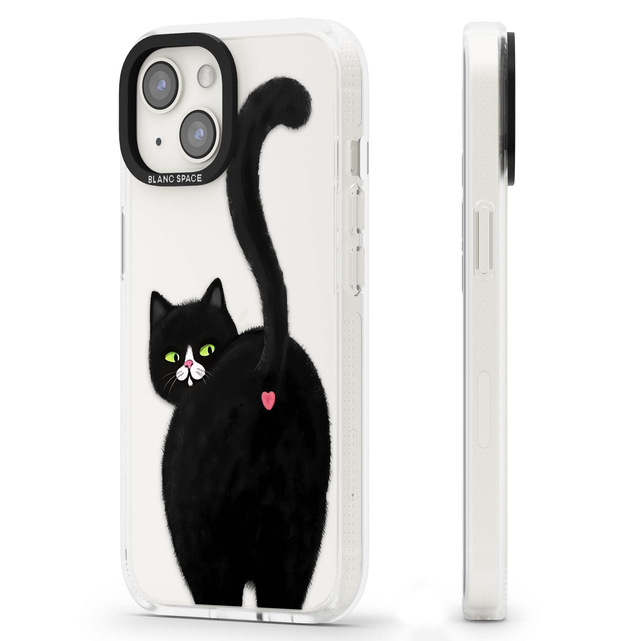 The Cat's Kiss cute cat iPhone case featuring a hand-painted tuxedo kitty with green eyes and a pink heart on a clear | Clear Case Impact Air case for iPhone 15, iPhone 15 Plus