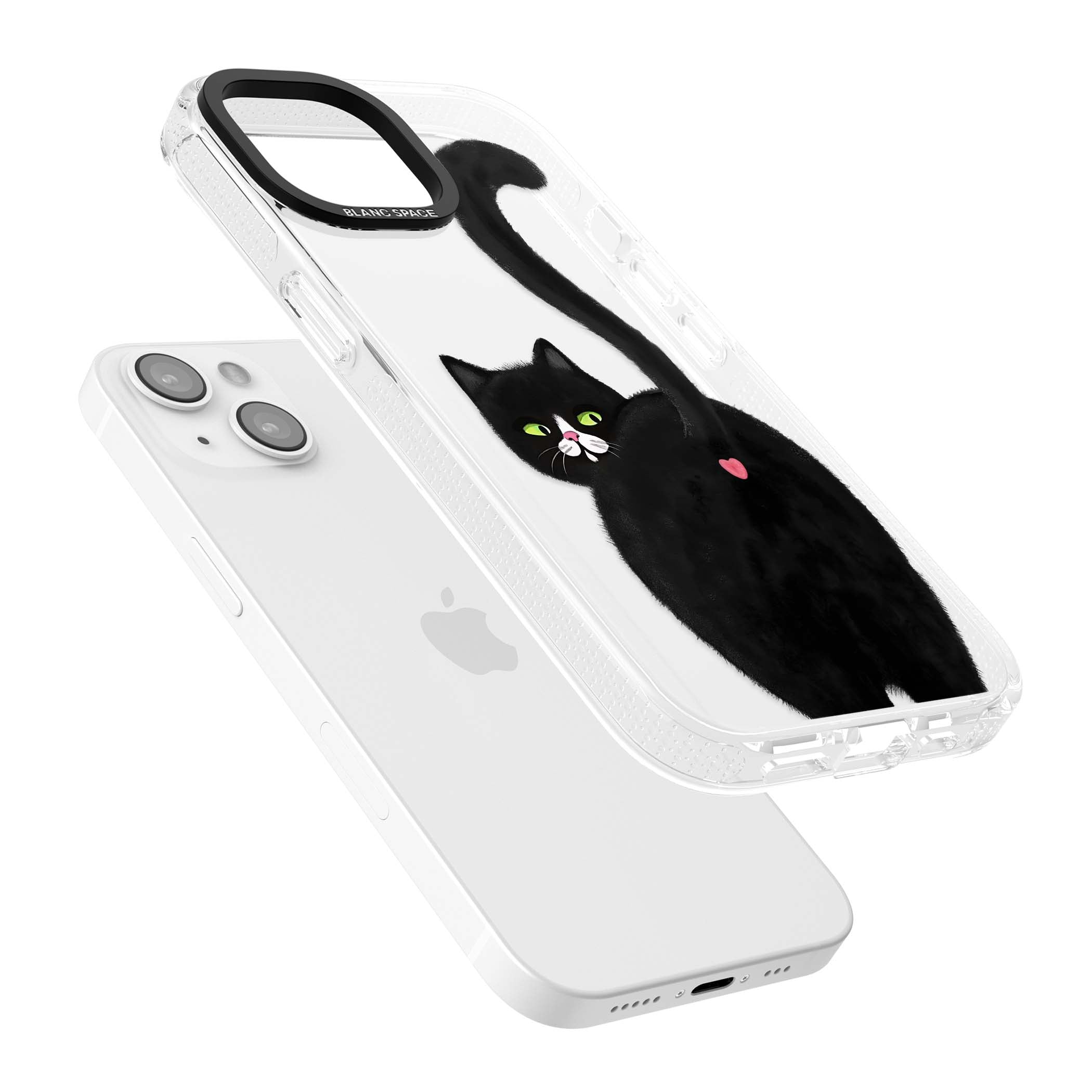 The Cat's Kiss cute cat iPhone case featuring a hand-painted tuxedo kitty with green eyes and a pink heart on a clear | Clear Case Impact Air case for iPhone 15, iPhone 15 Plus