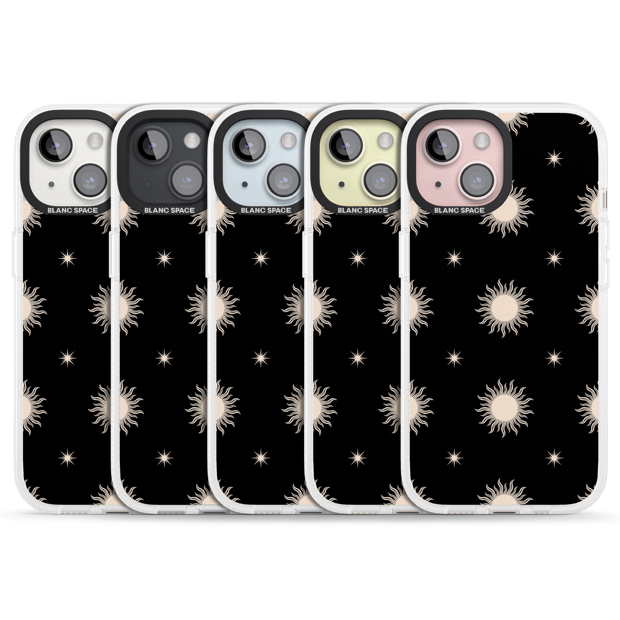 Celestial Patterns Classic Suns (Black) iPhone 15 / 14 / 13 Clear Case Impact Air - Blanc Space