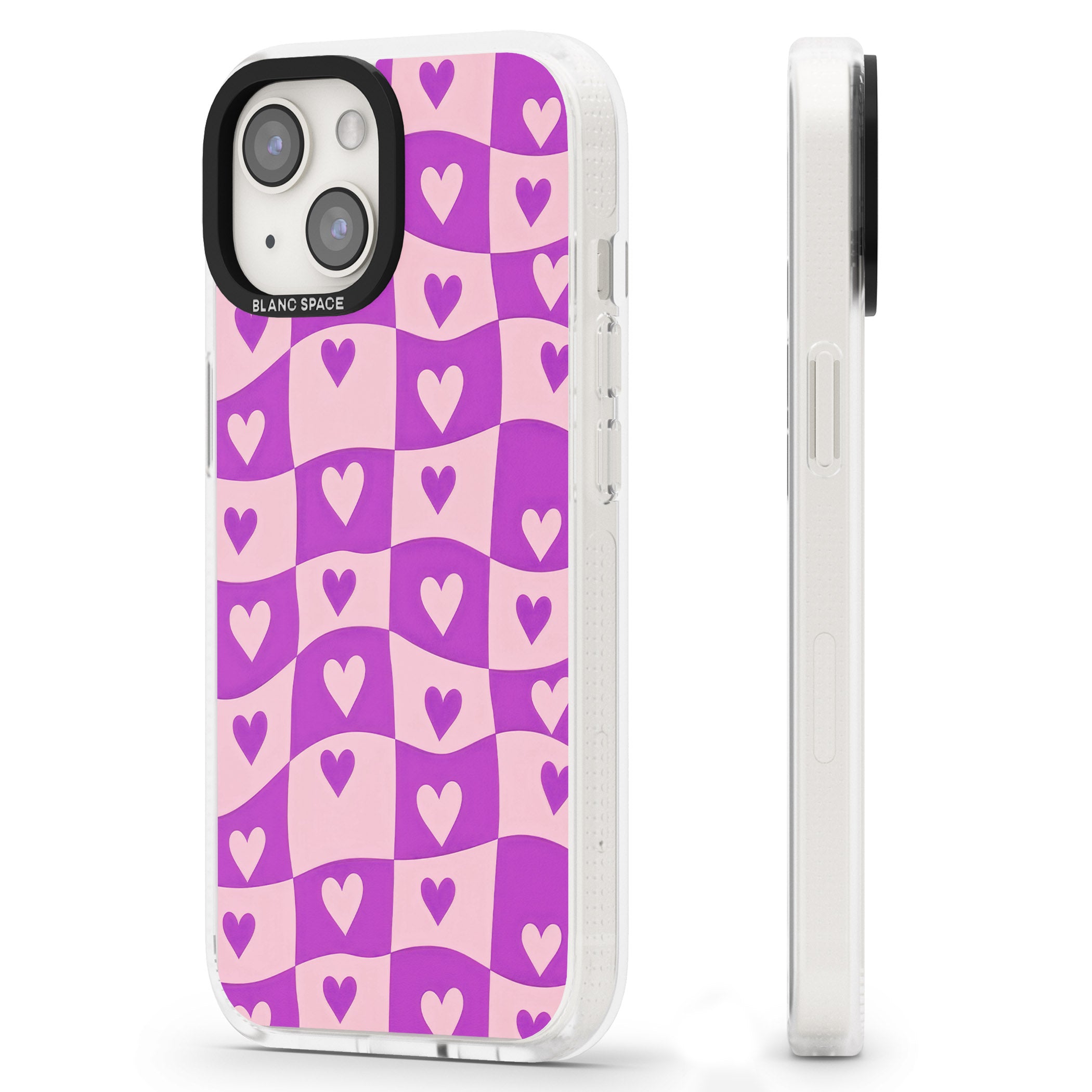 Purple Wavy Checked & Hearts iPhone 15 / 14 / 13 Clear Case Impact Air - Blanc Space