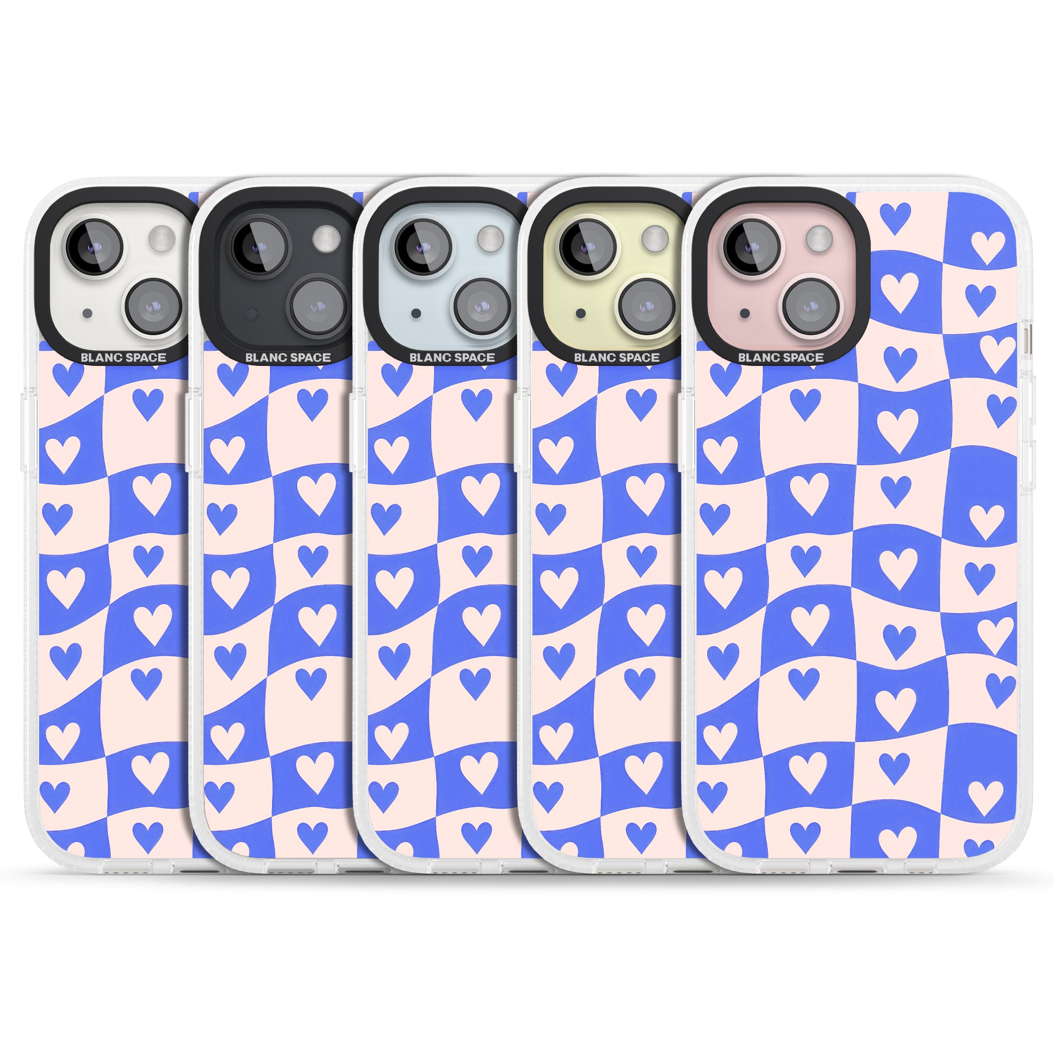 Blue Wavy Checked & Hearts iPhone 15 / 14 / 13 Clear Case Impact Air - Blanc Space
