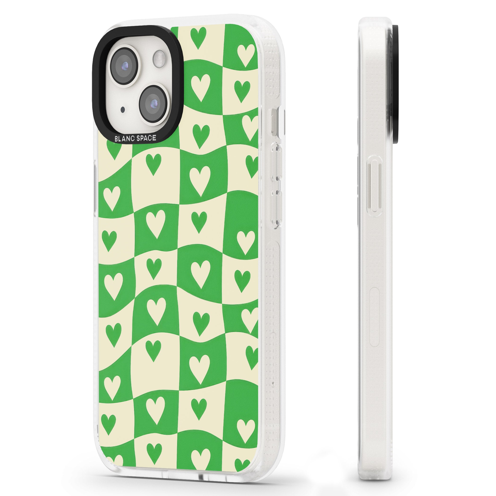 Green Wavy Checked & Hearts iPhone 15 / 14 / 13 Clear Case Impact Air - Blanc Space