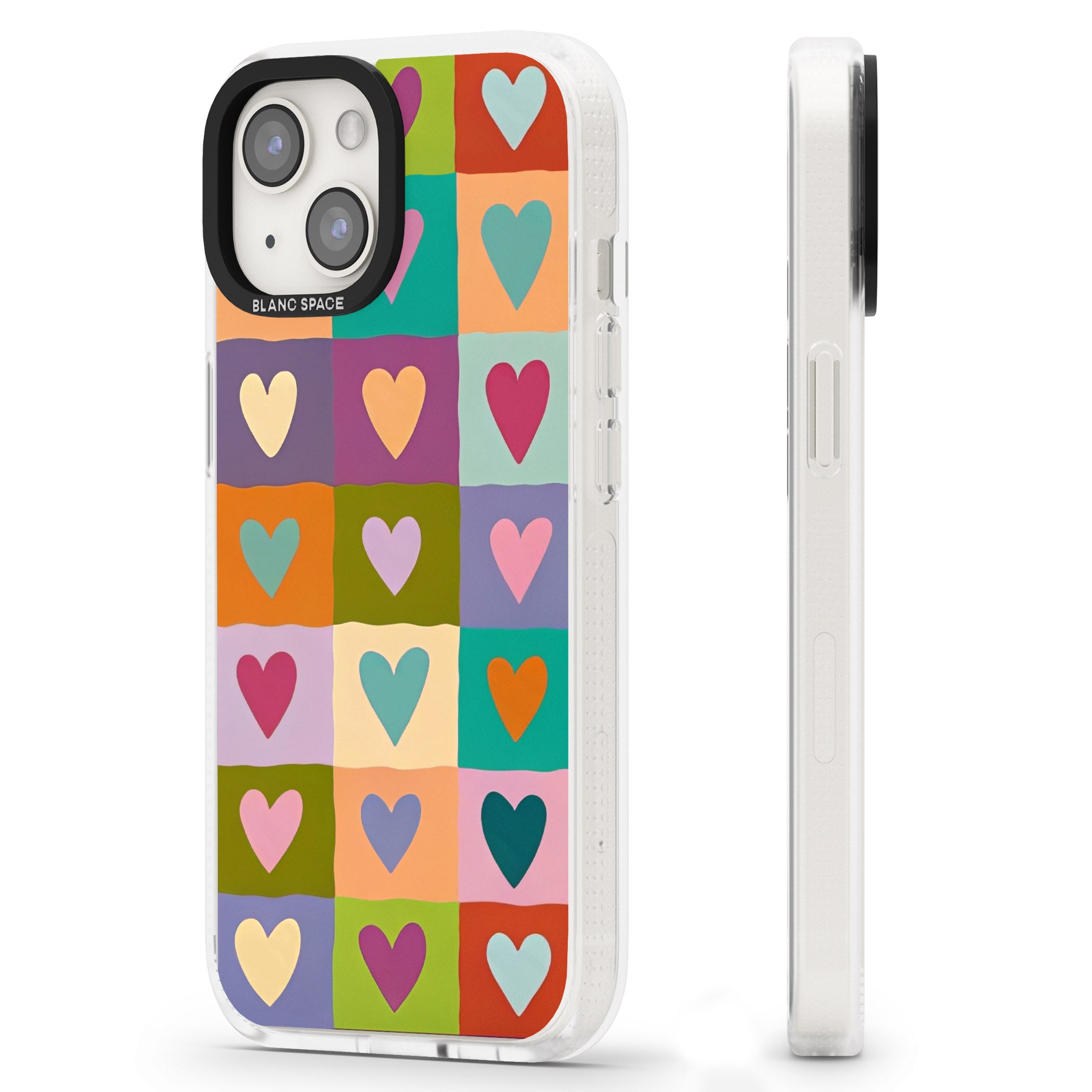 Multicolour Checked Hearts iPhone 15 / 14 / 13 Clear Case Impact Air - Blanc Space