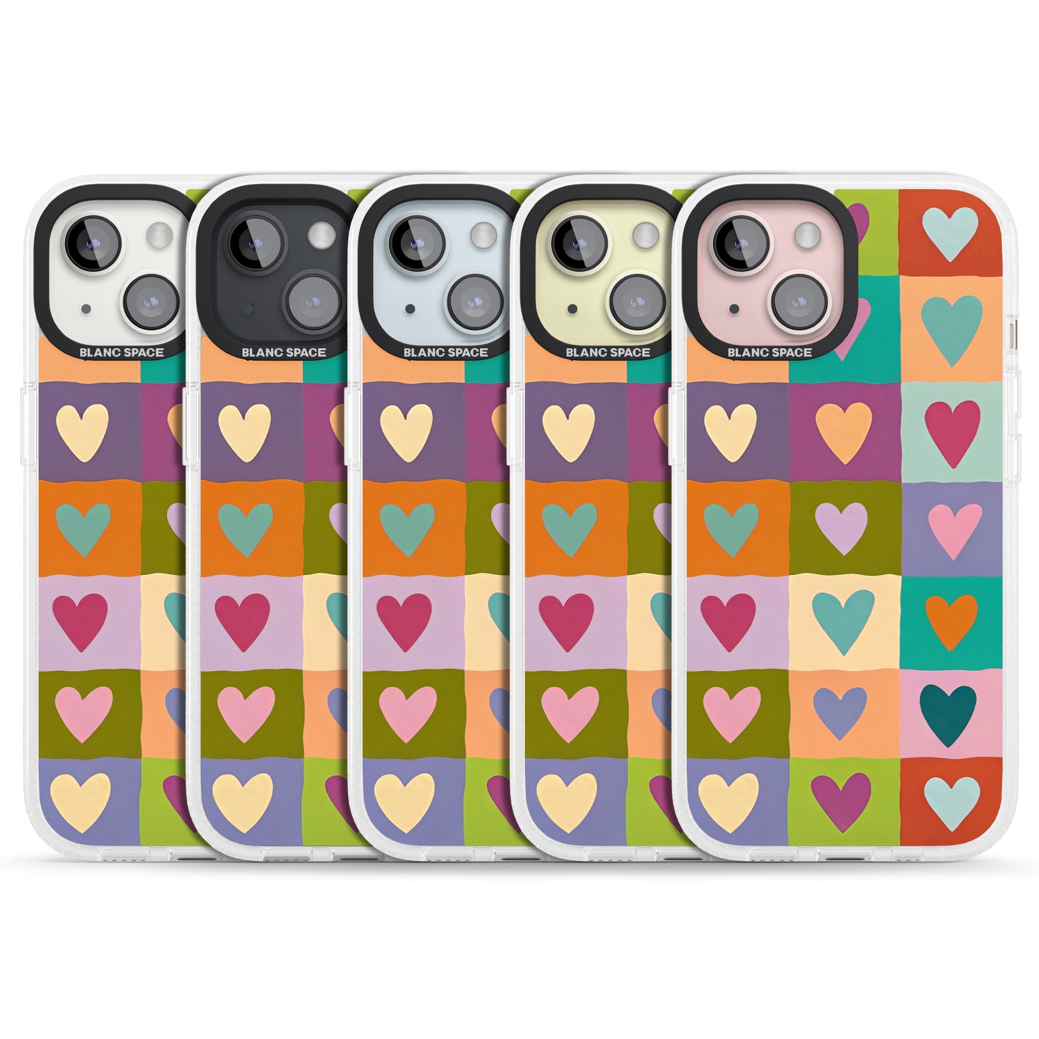 Multicolour Checked Hearts iPhone 15 / 14 / 13 Clear Case Impact Air - Blanc Space