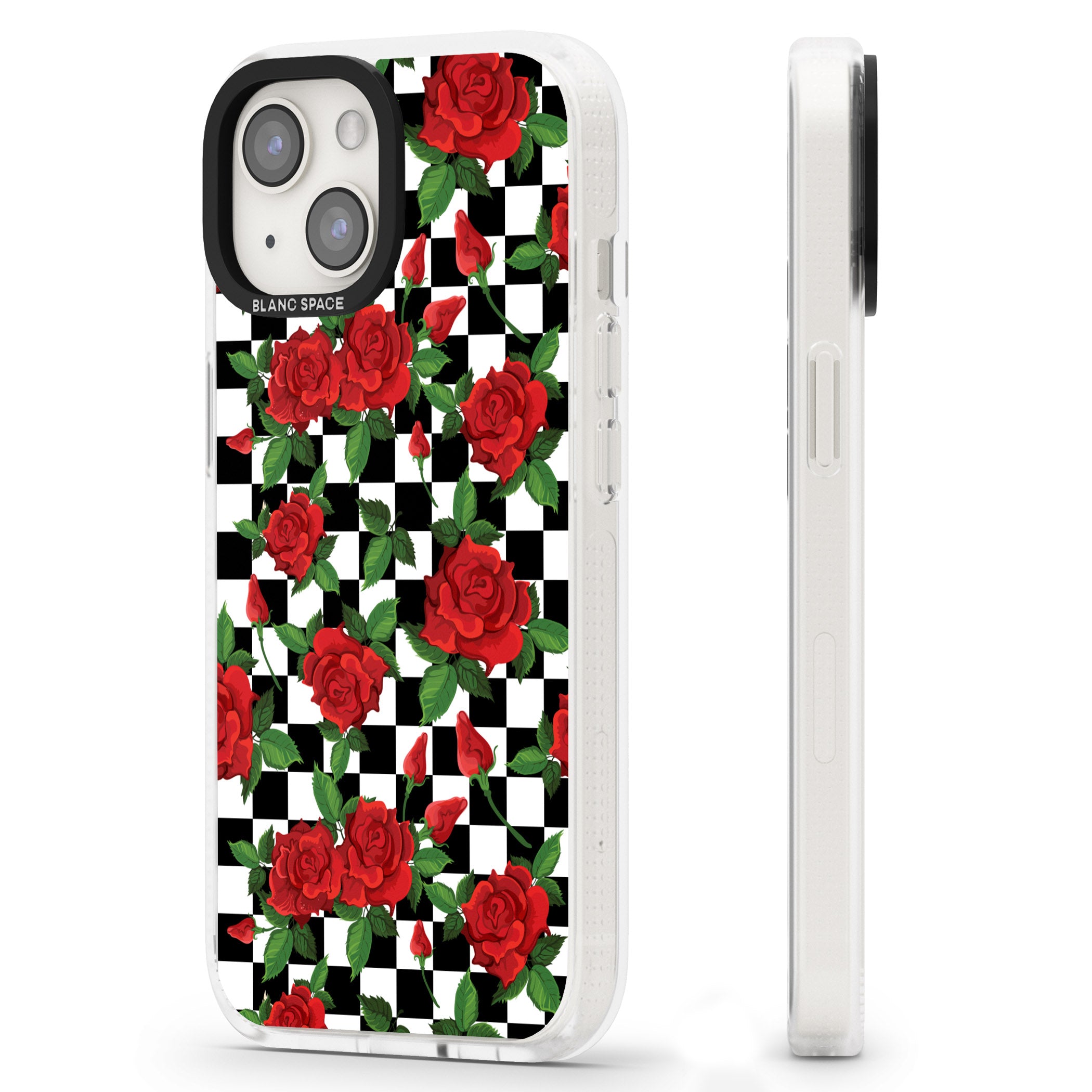 Checkered Pattern & Red Roses iPhone 15 / 14 / 13 Clear Case Impact Air - Blanc Space