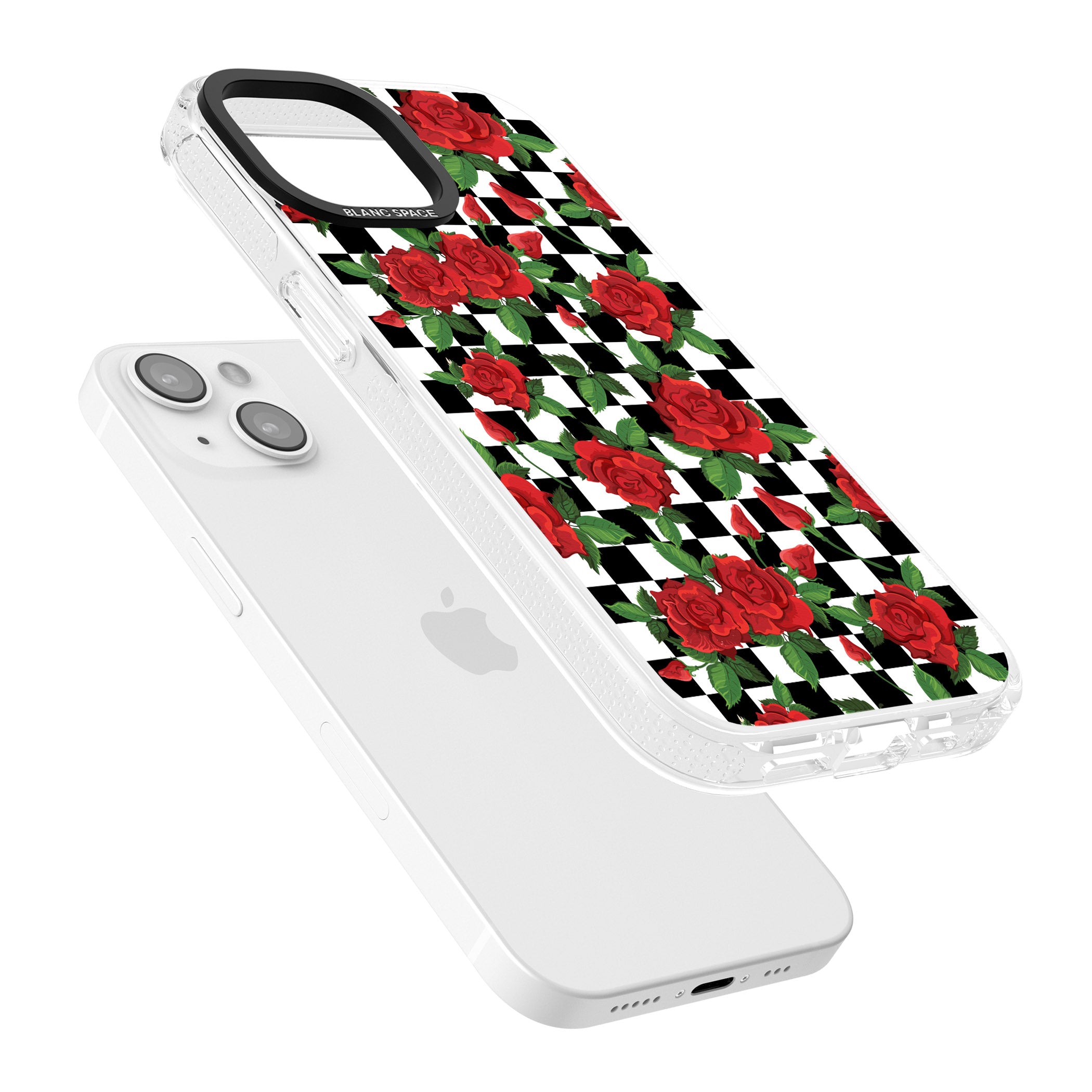 Checkered Pattern & Red Roses iPhone 15 / 14 / 13 Clear Case Impact Air - Blanc Space