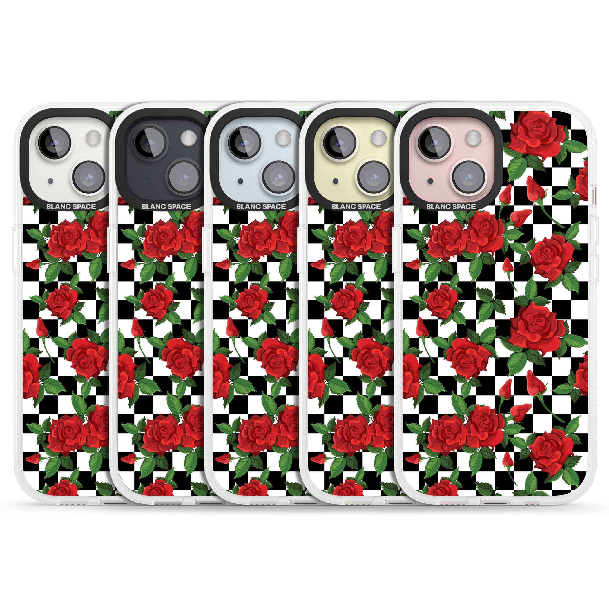 Checkered Pattern & Red Roses iPhone 15 / 14 / 13 Clear Case Impact Air - Blanc Space