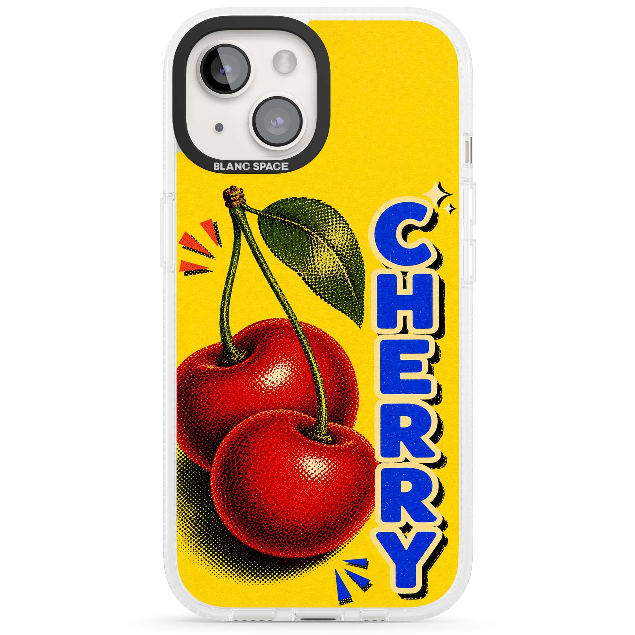 Cherry Yellow y2k iPhone case featuring two red cherries, halftone shading and bold blue CHERRY lettering on yellow | Clear Case Impact Air case for iPhone 15, iPhone 15 Plus