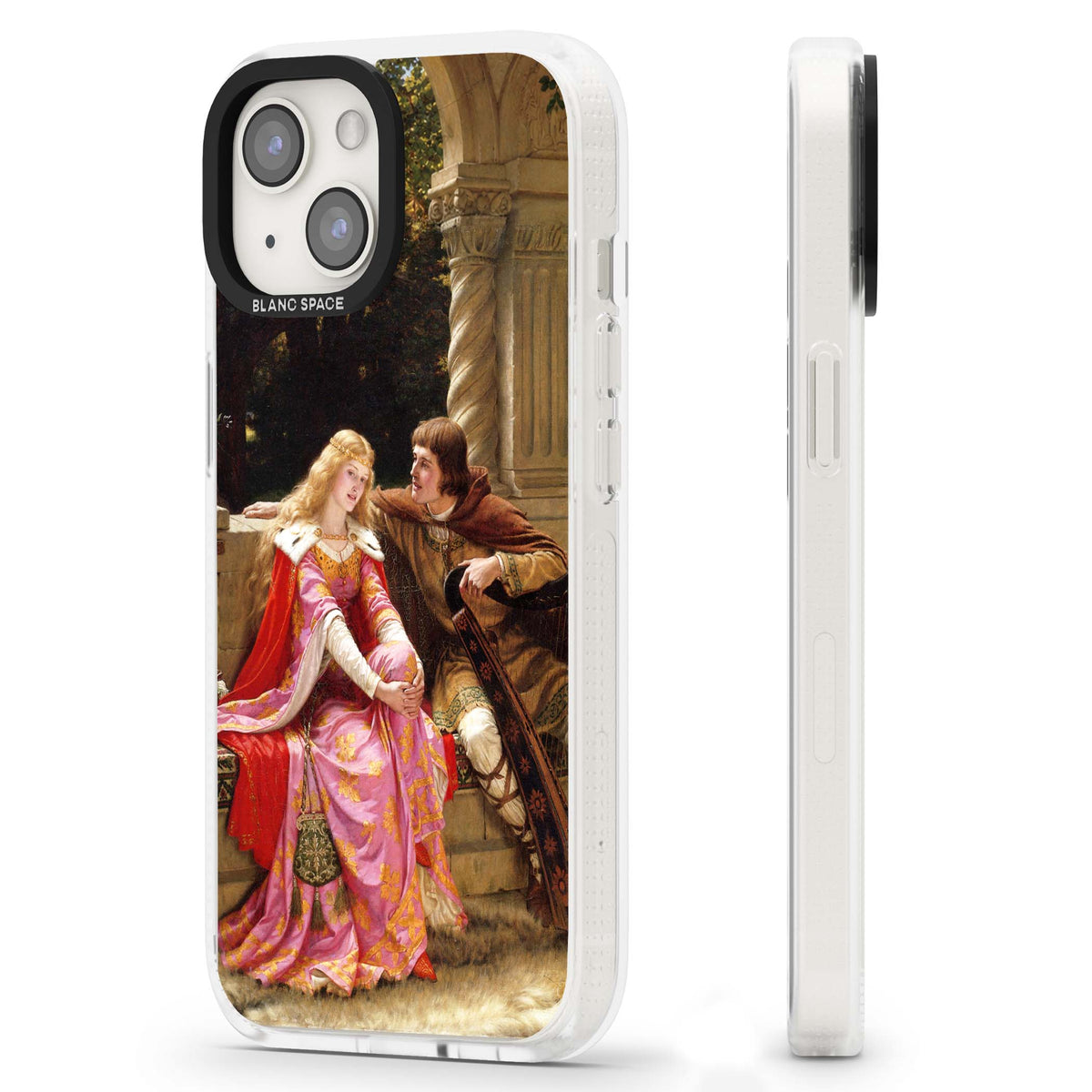 The End of the Song classic art iPhone case featuring a medieval lady in pink gown and her knight in a stone archway | Clear Case Impact Air case for iPhone 15, iPhone 15 Plus
